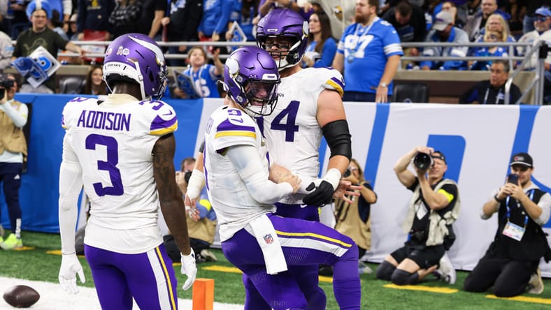 Vikings J.J. McCarthy scores a touchdown against the Lions in 2025