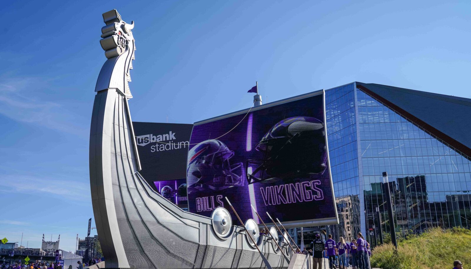 Exterior view of U.S. Bank Stadium and the Viking ship display in downtown Minneapolis.