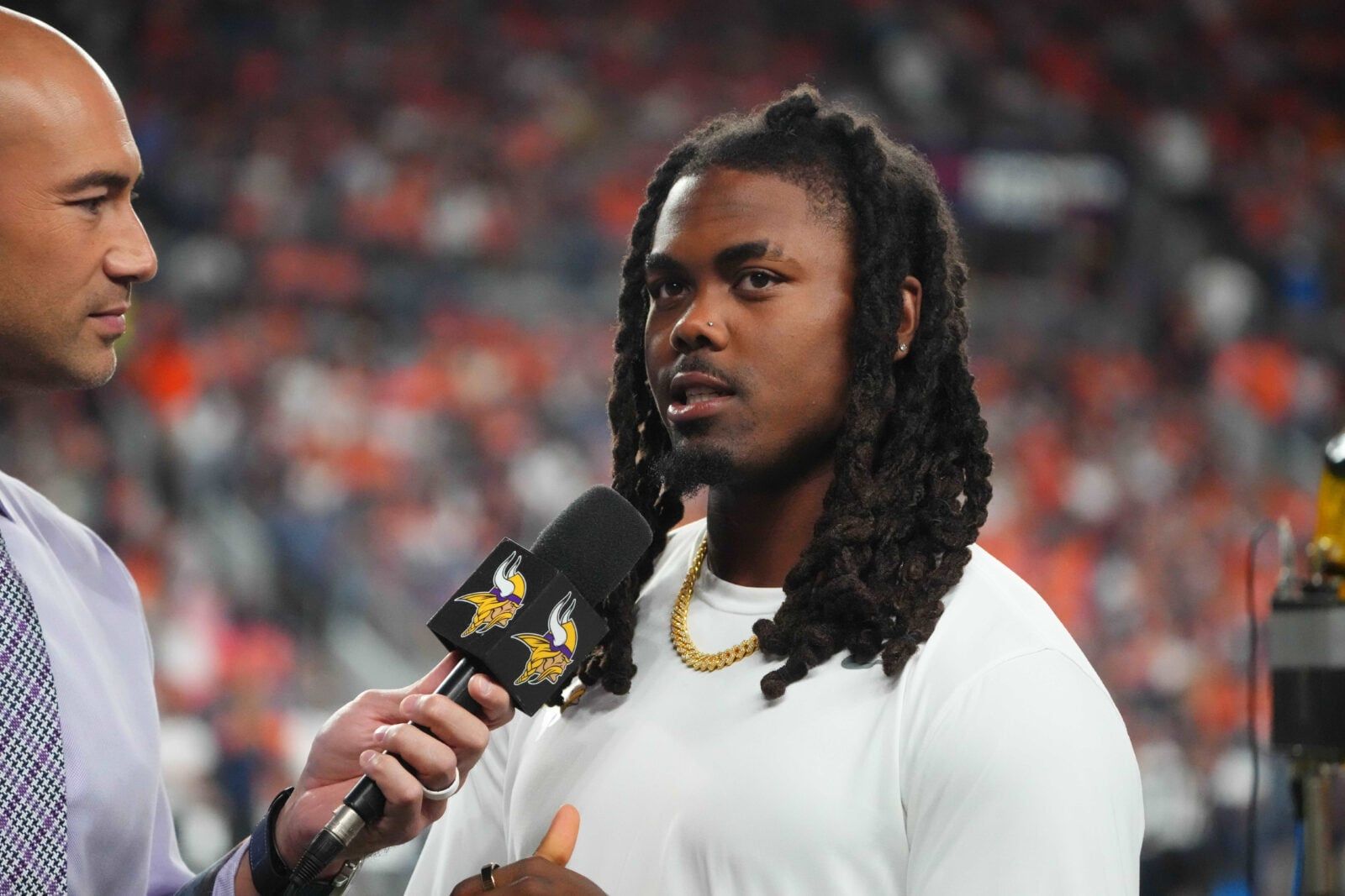 K.J. Osborn lines up during a preseason game against the Broncos at Empower Field at Mile High.
