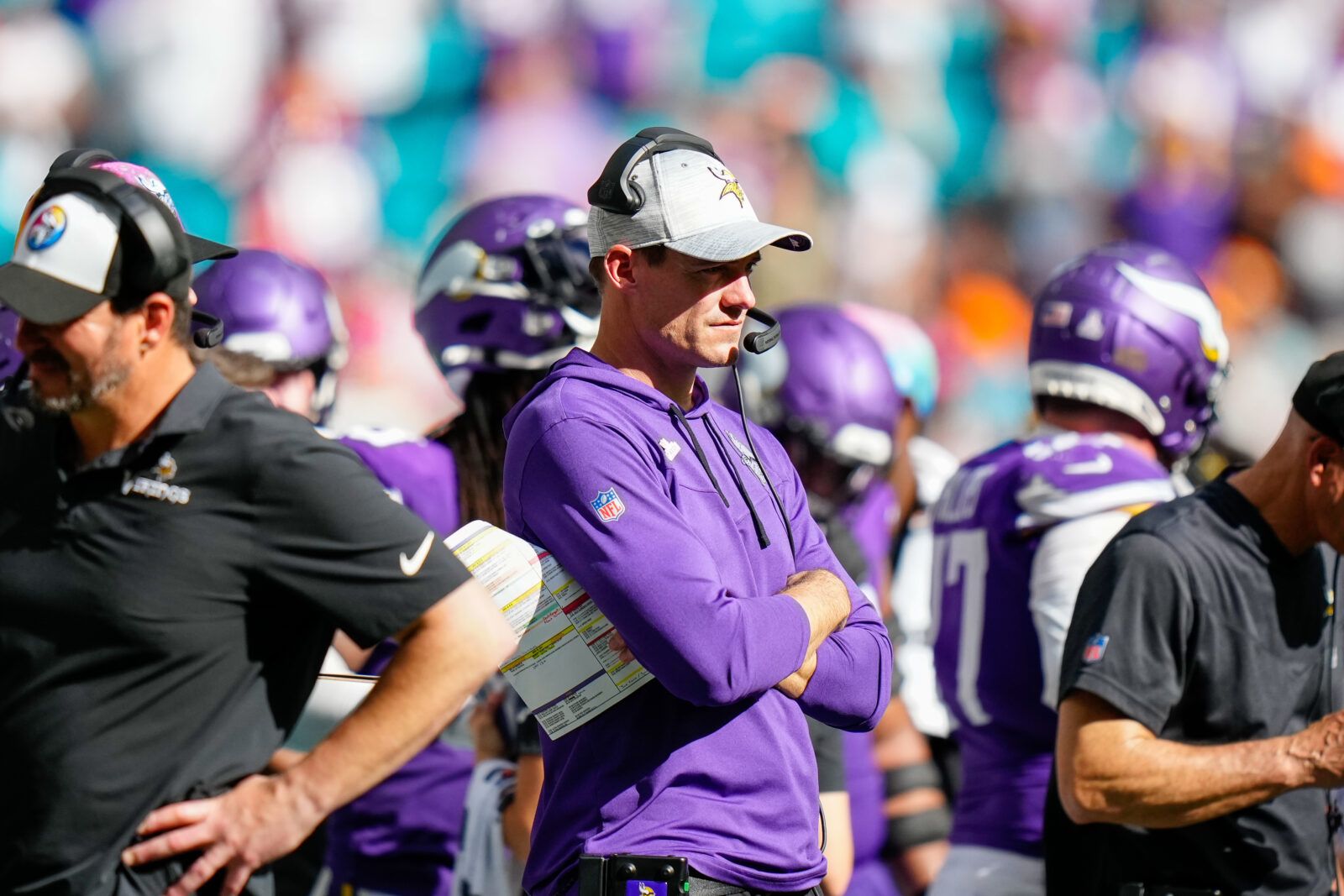 Kevin O’Connell standing on the sideline during a Vikings game