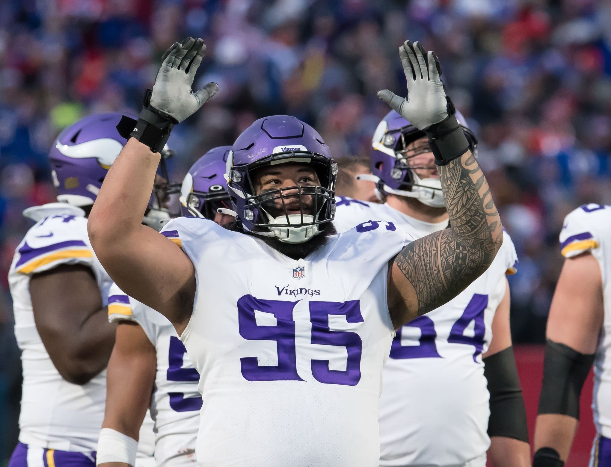 Vikings defensive tackle Khyiris Tonga set at the line of scrimmage against the Bills at Highmark Stadium.