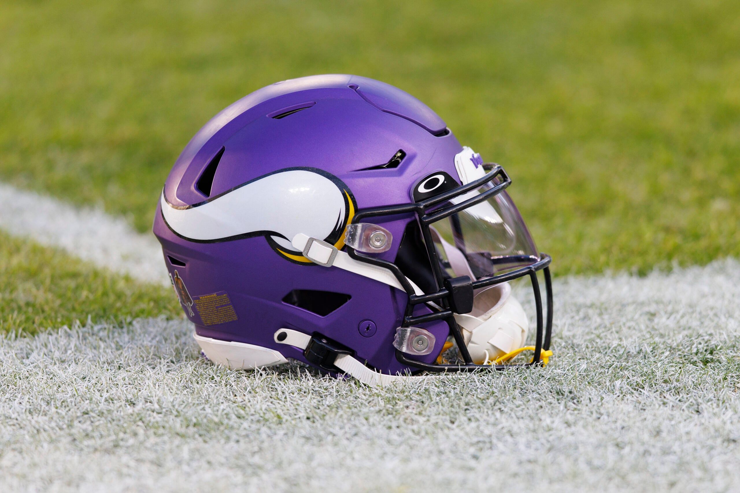 Minnesota Vikings helmet on the field at Lambeau before a game against the Green Bay Packers.