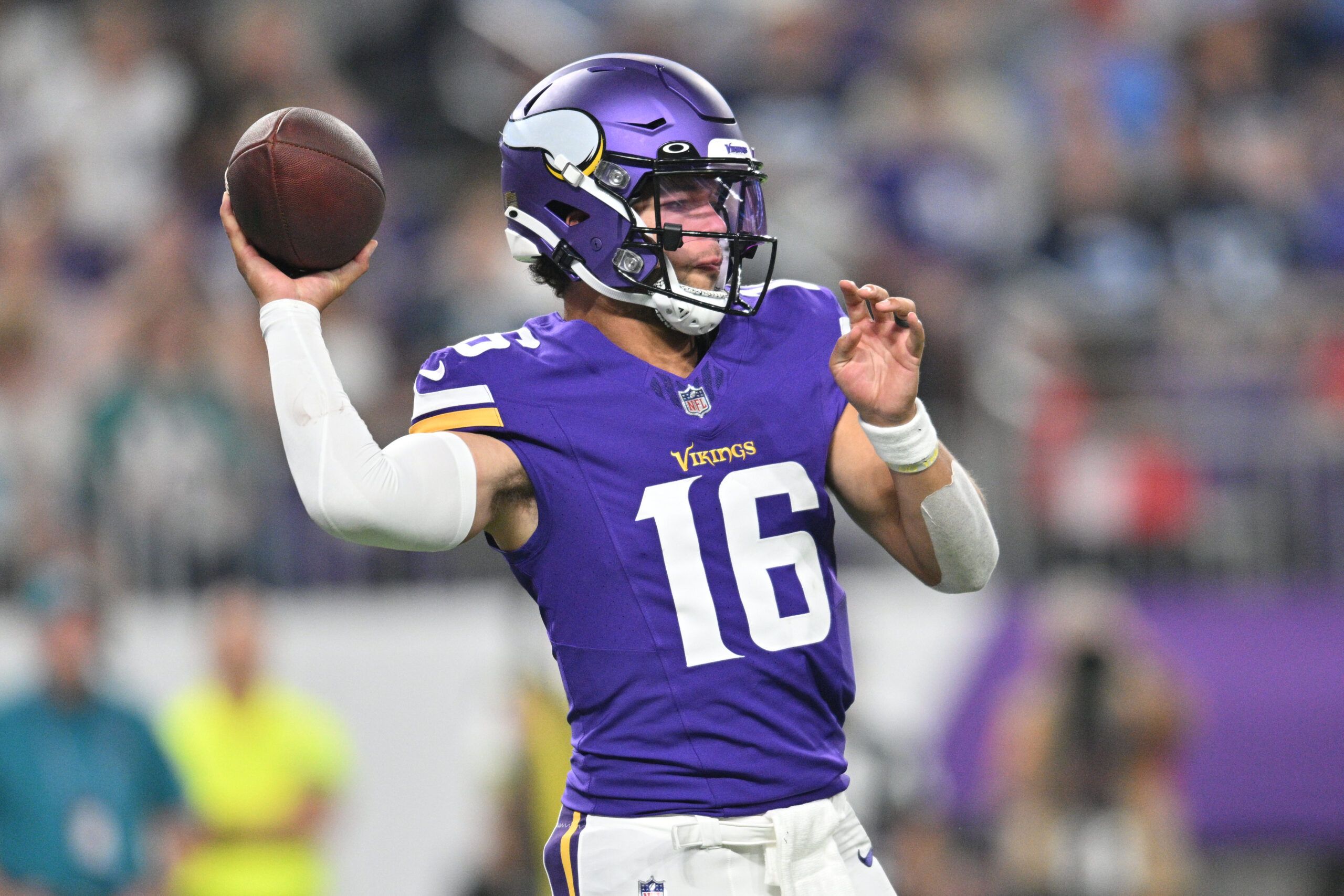 Jaren Hall throws a fourth-quarter pass during the Vikings-Titans preseason game at U.S. Bank Stadium.