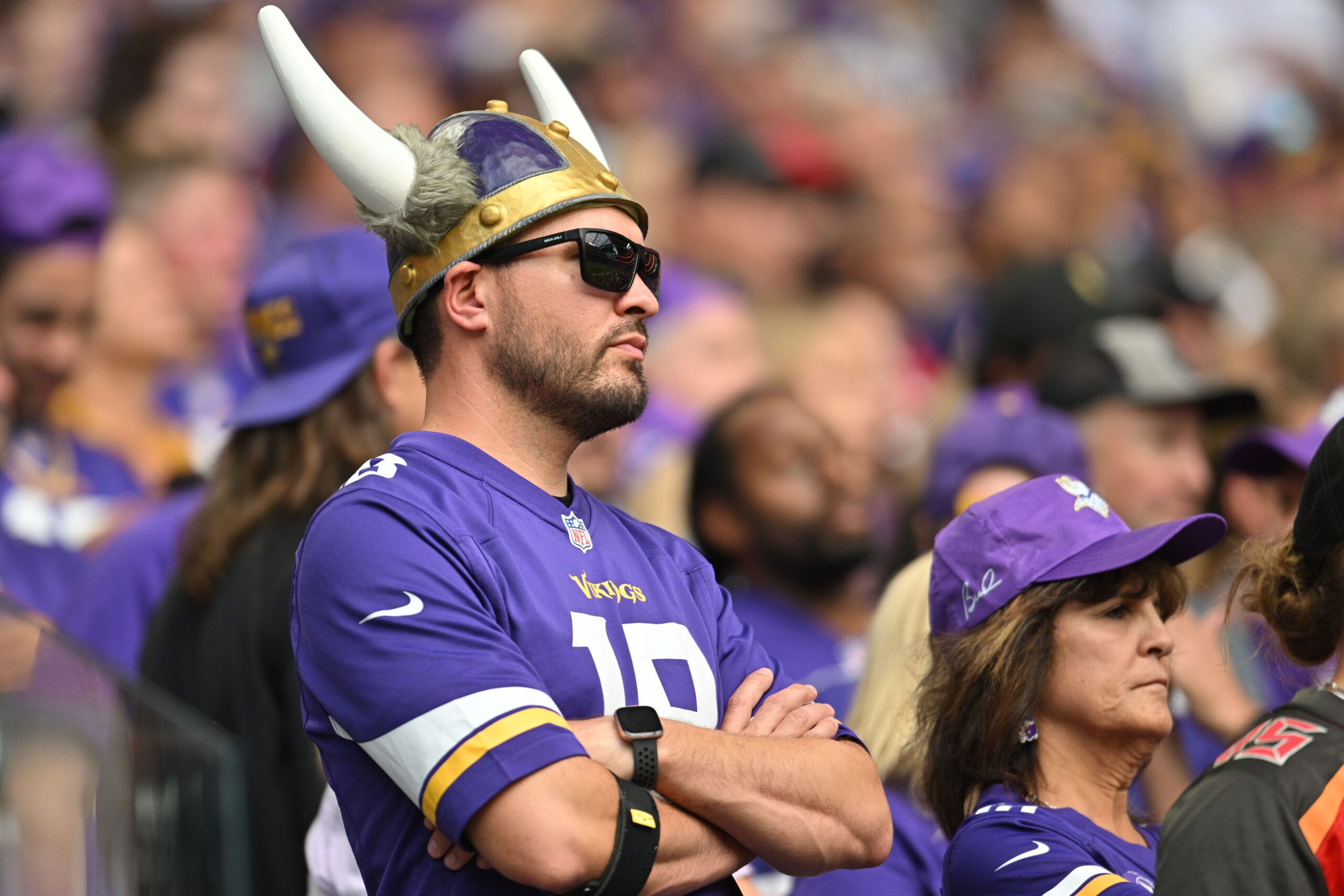 Vikings fan shows strong emotion in the stands during a home game against the Buccaneers at U.S. Bank Stadium.