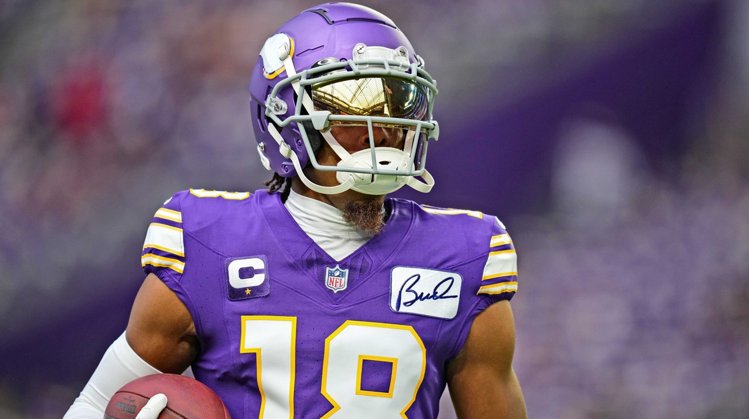 Minnesota Vikings wide receiver Justin Jefferson (18) warms up before the game against the Tampa Bay Buccaneers, Sep 10, 2023, at U.S. Bank Stadium in Minneapolis, Minnesota, going through pregame drills on the field as he prepares for the season opener with fans filling the stands ahead of kickoff. Mandatory Credit: Brad Rempel-USA TODAY Sports