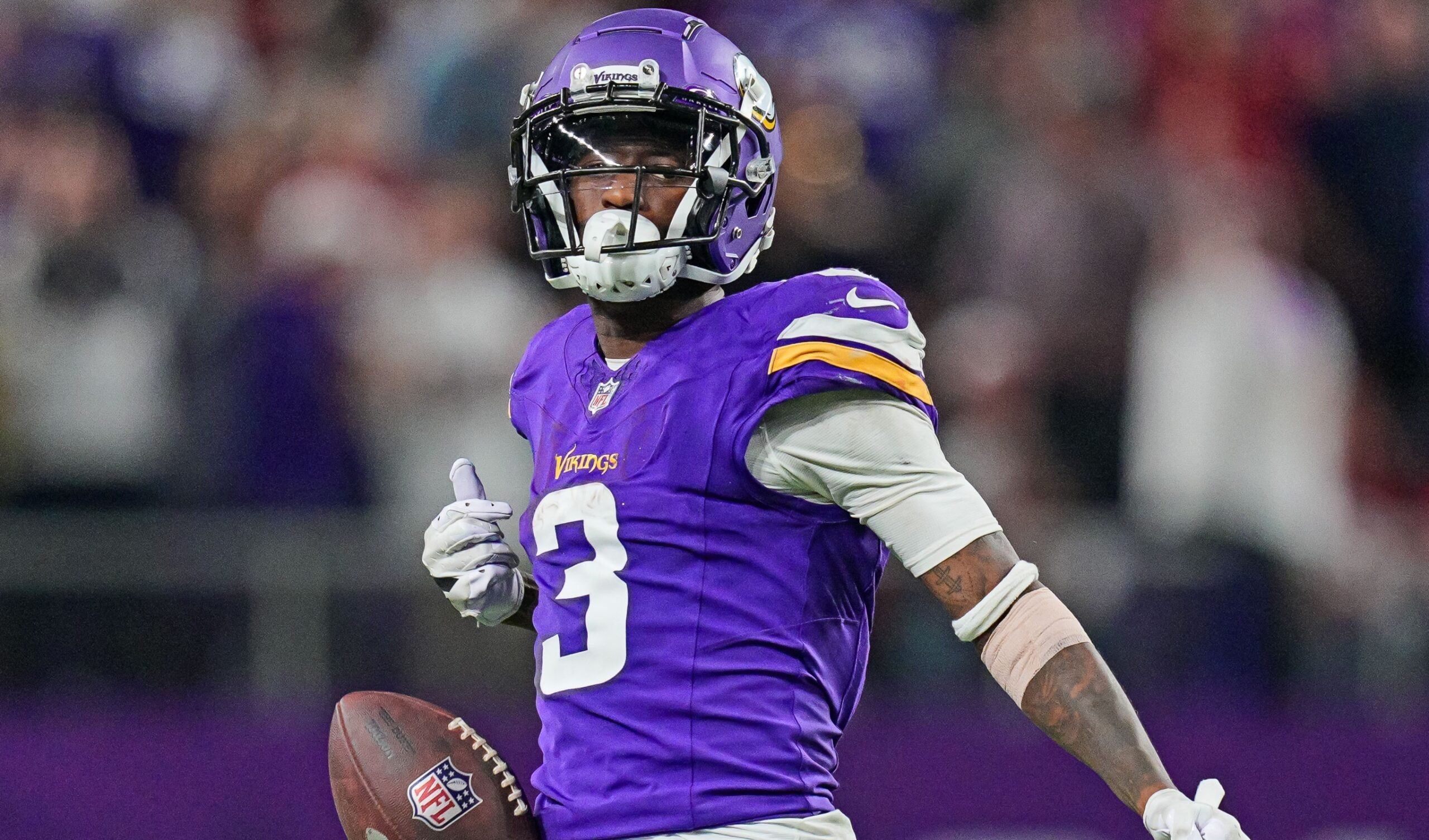 Jordan Addison celebrates a first down during a Vikings game against the 49ers at U.S. Bank Stadium.