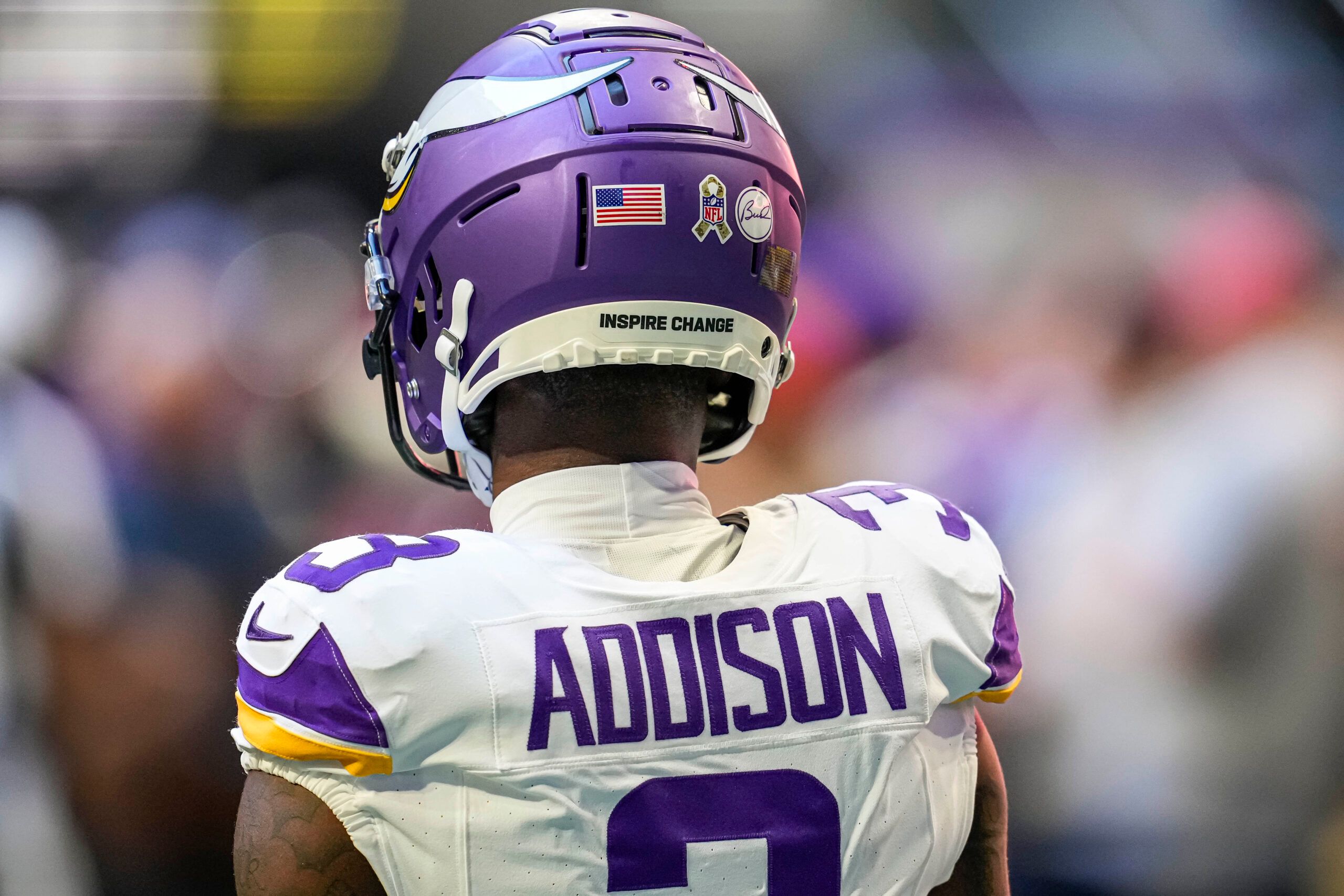 Jordan Addison on field before Vikings-Falcons game in 2023.