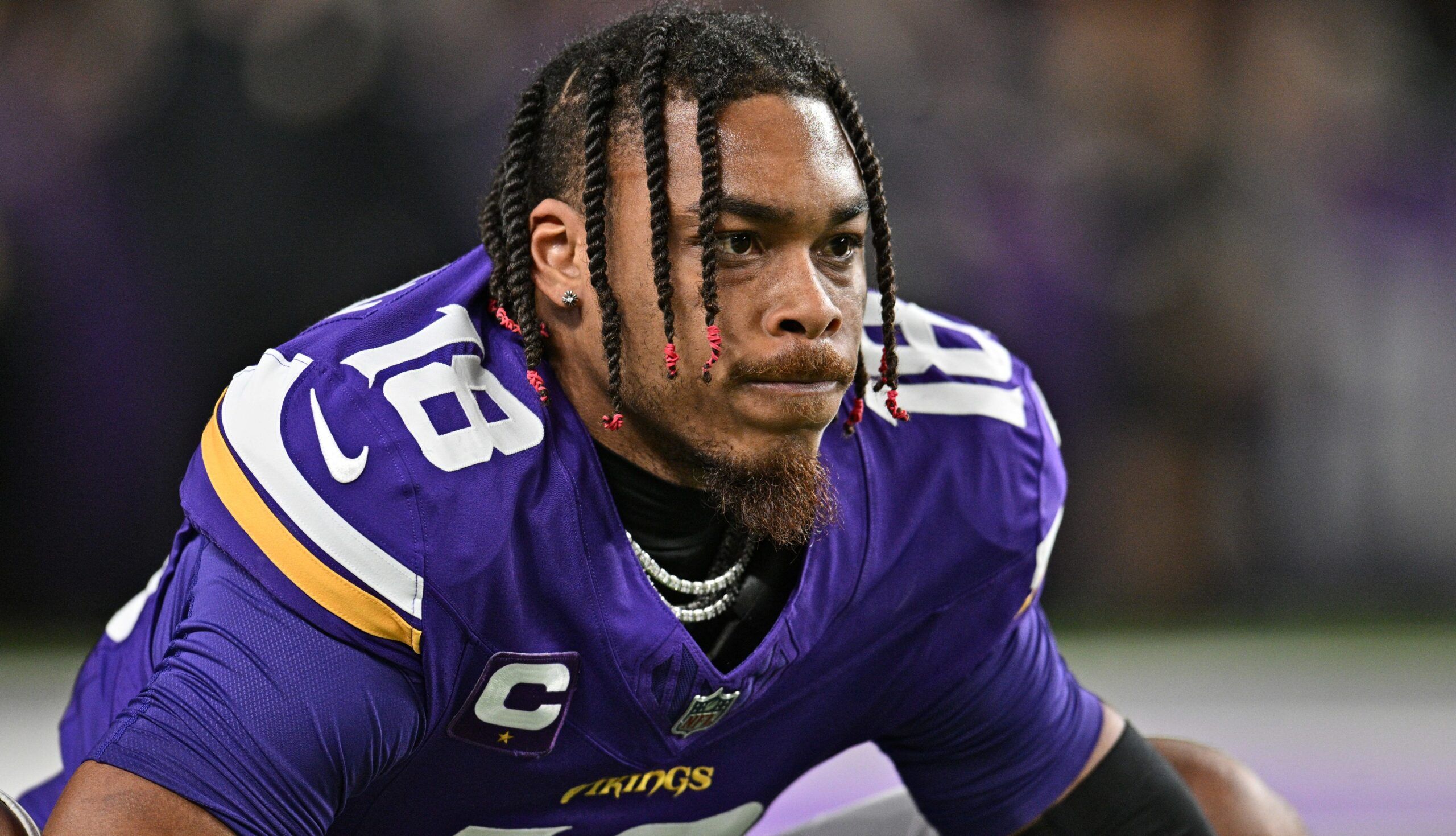 Justin Jefferson looks on before the Vikings’ 2023 game against the Packers.