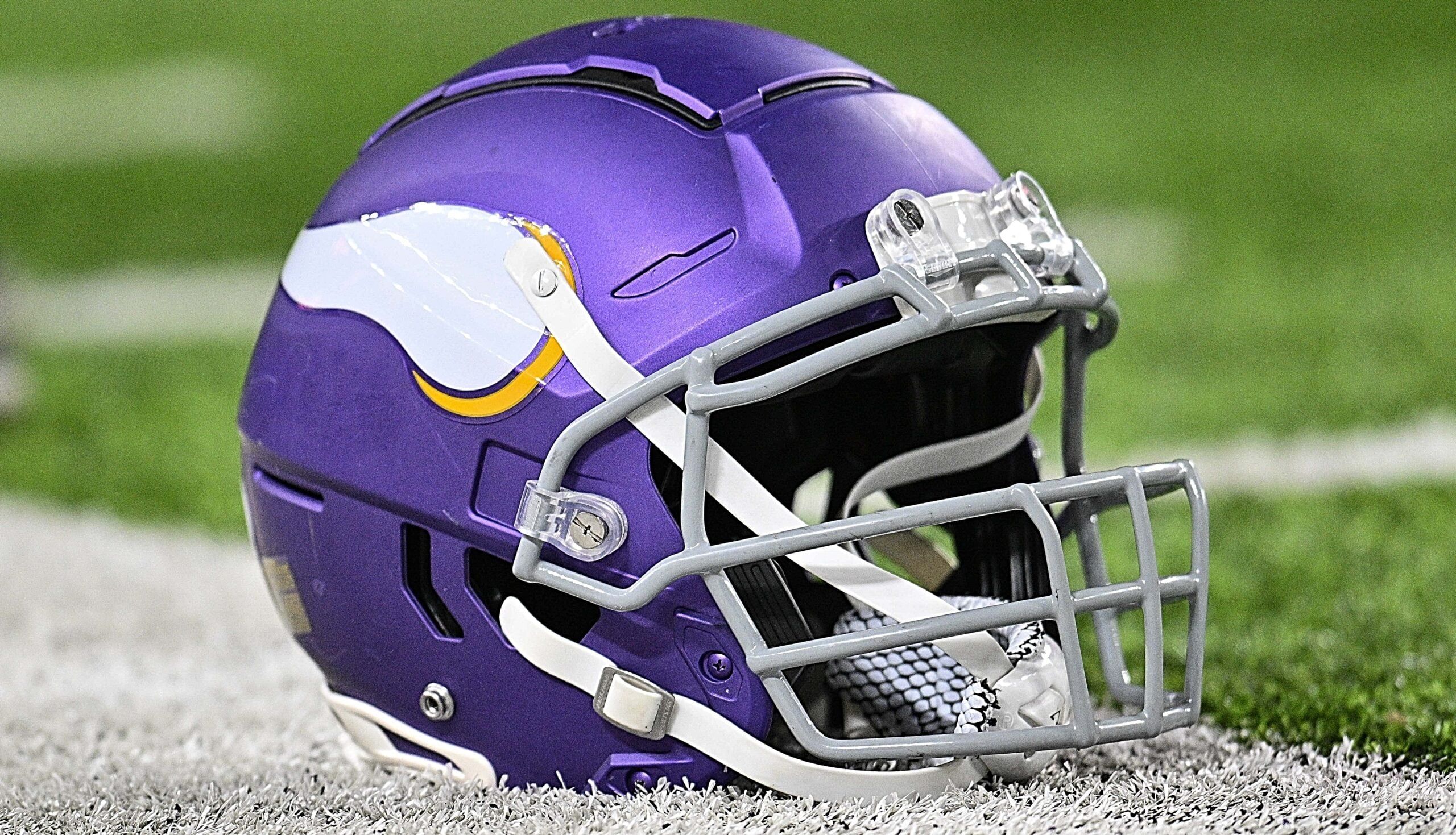 Vikings helmet on the turf before the game against the Bears at U.S. Bank Stadium.