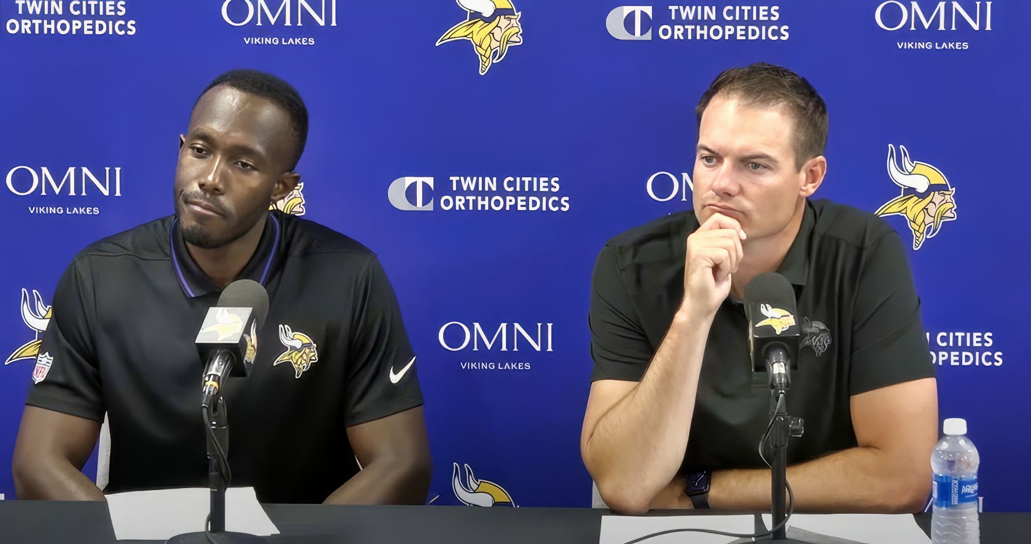 Kevin O’Connell and Kwesi Adofo-Mensah speak to the media before Vikings training camp at TCO Performance Center.