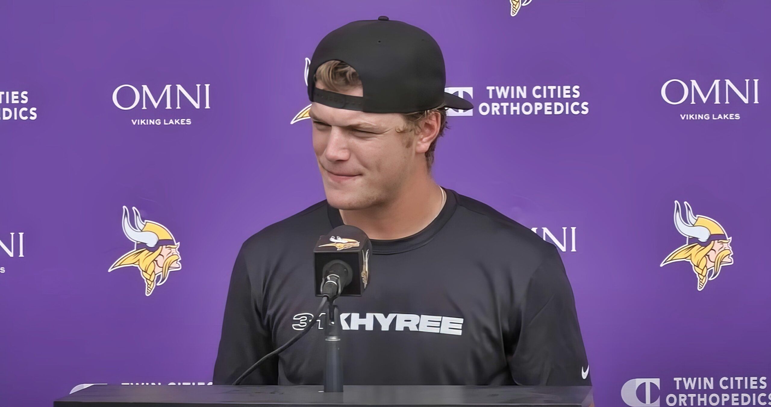 J.J. McCarthy answers questions during Vikings Training Camp at the TCO Performance Center.