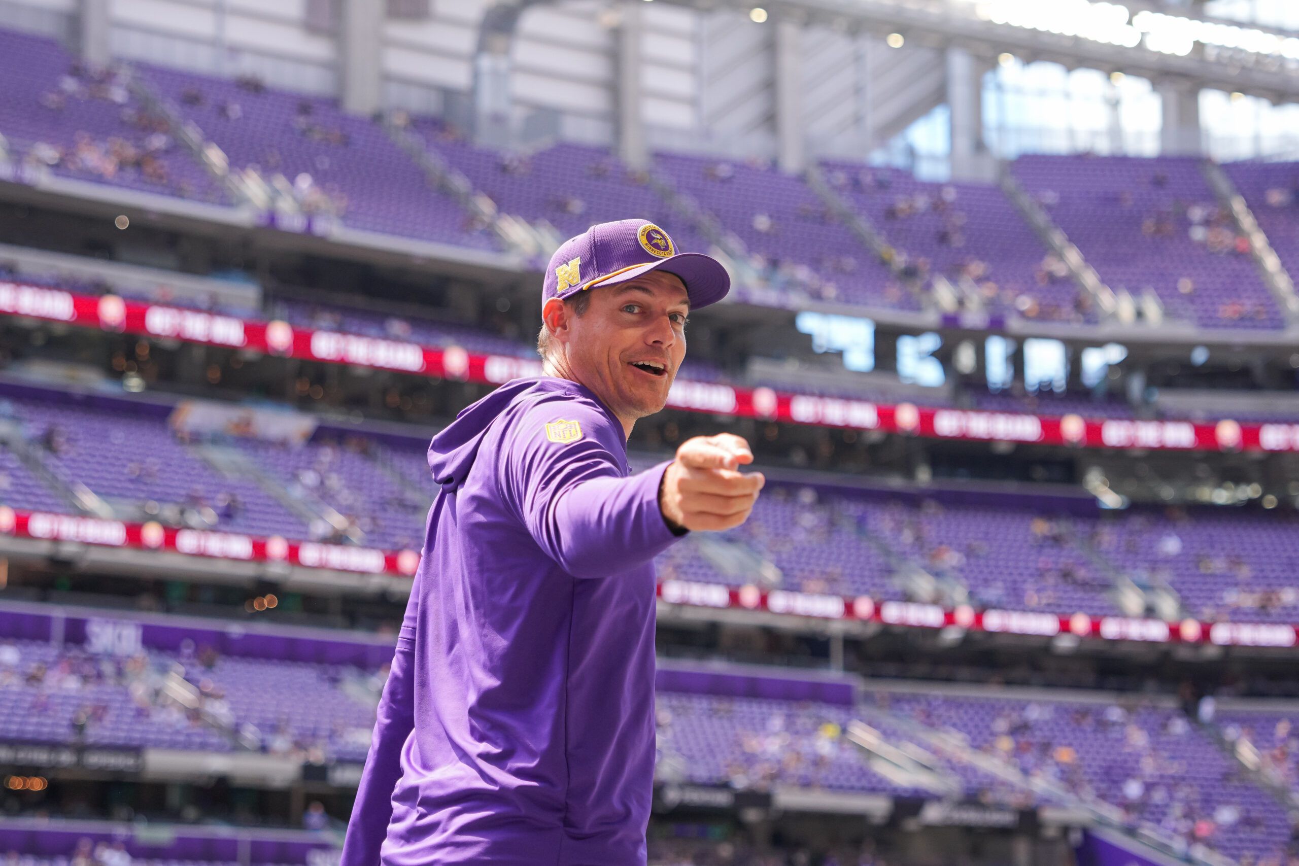 Kevin O’Connell talks with Vikings fans before a preseason game against the Raiders at U.S. Bank Stadium.
