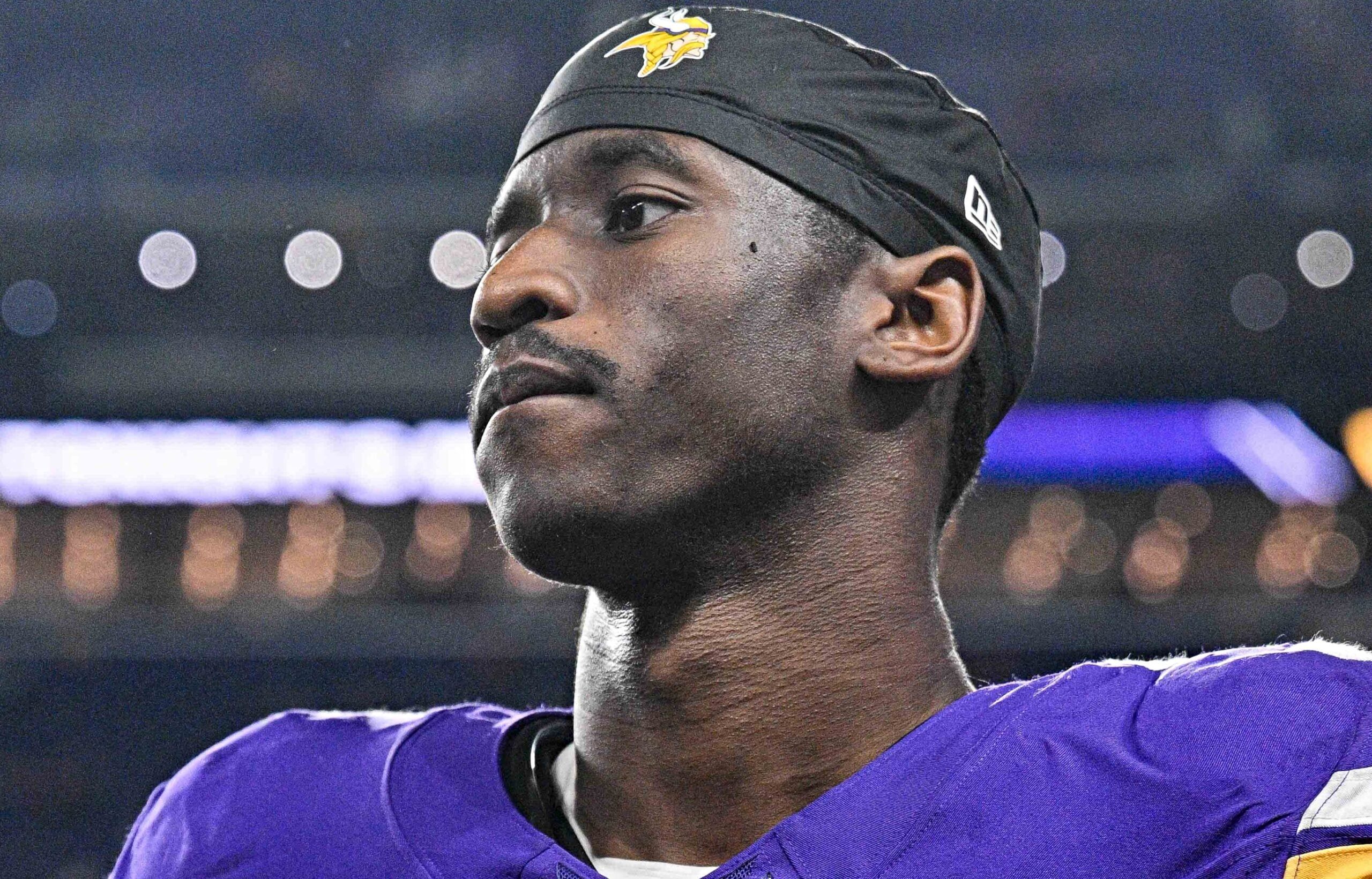 Vikings wide receiver Jordan Addison stands on the field after a game against the San Francisco 49ers at U.S. Bank Stadium.