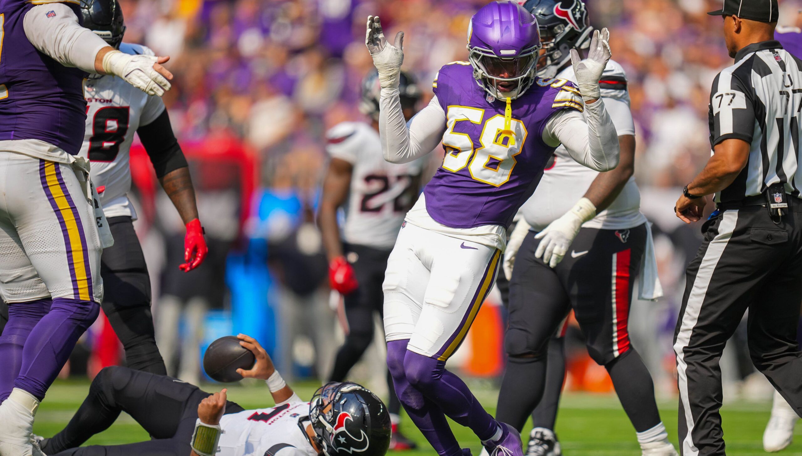Jonathan Greenard celebrates after sacking C.J. Stroud during the Vikings’ game against the Texans.