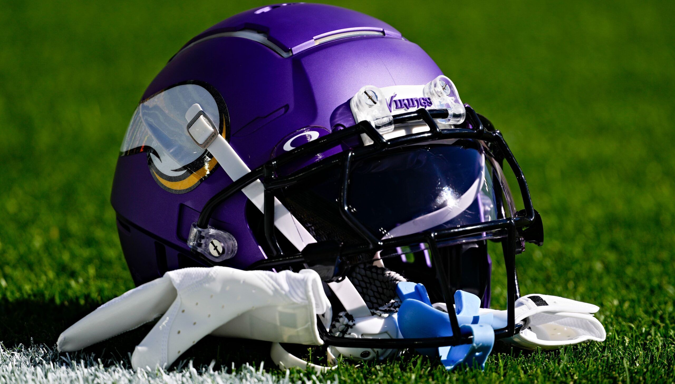 innesota Vikings helmet on the field during warmups at Lambeau Field.