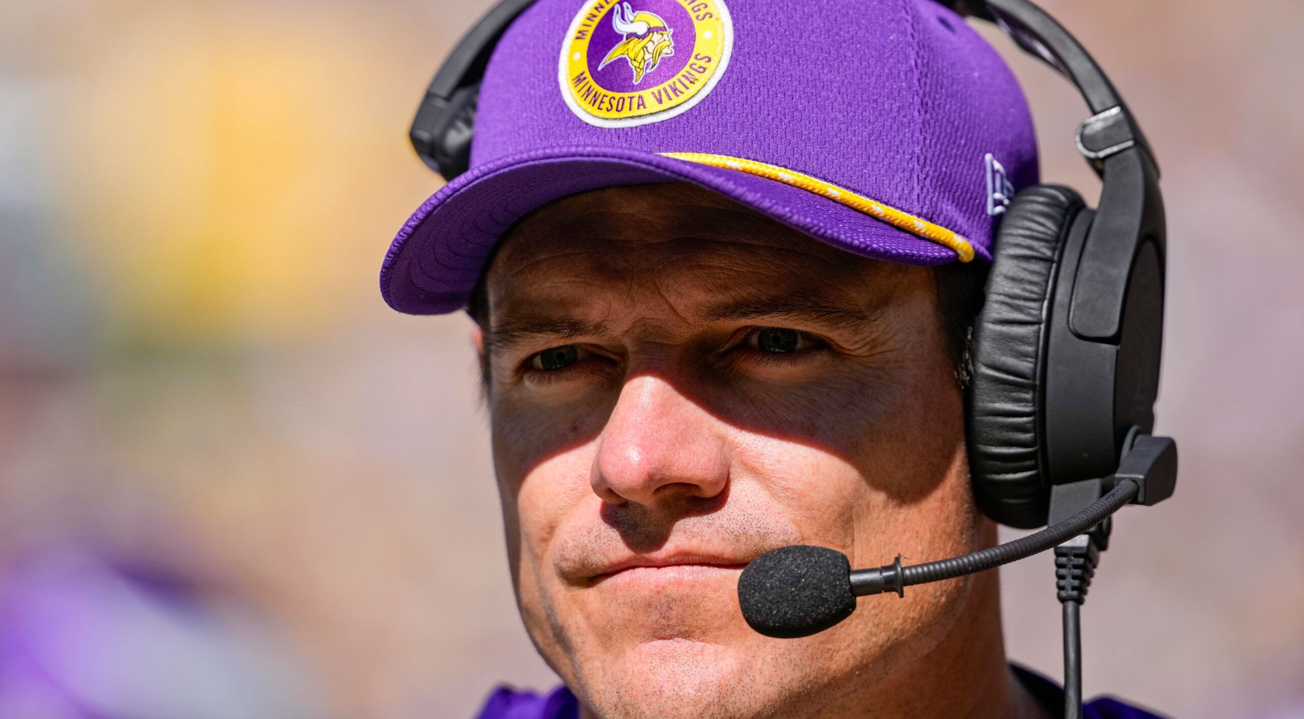 Kevin O’Connell on sideline during Vikings game against Packers at Lambeau Field.