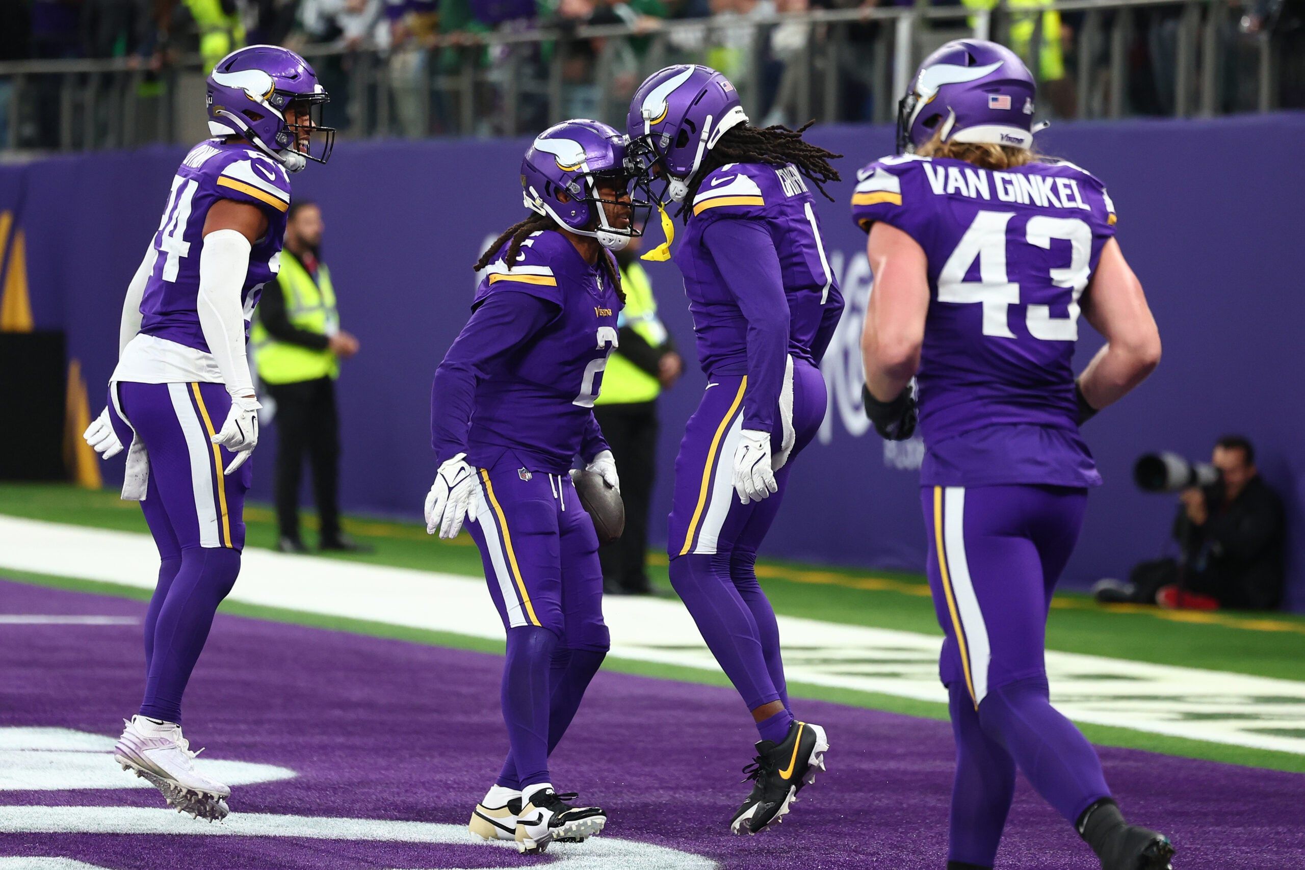 Stephon Gilmore celebrates an interception with Shaquill Griffin during a Vikings game in London against the Jets.