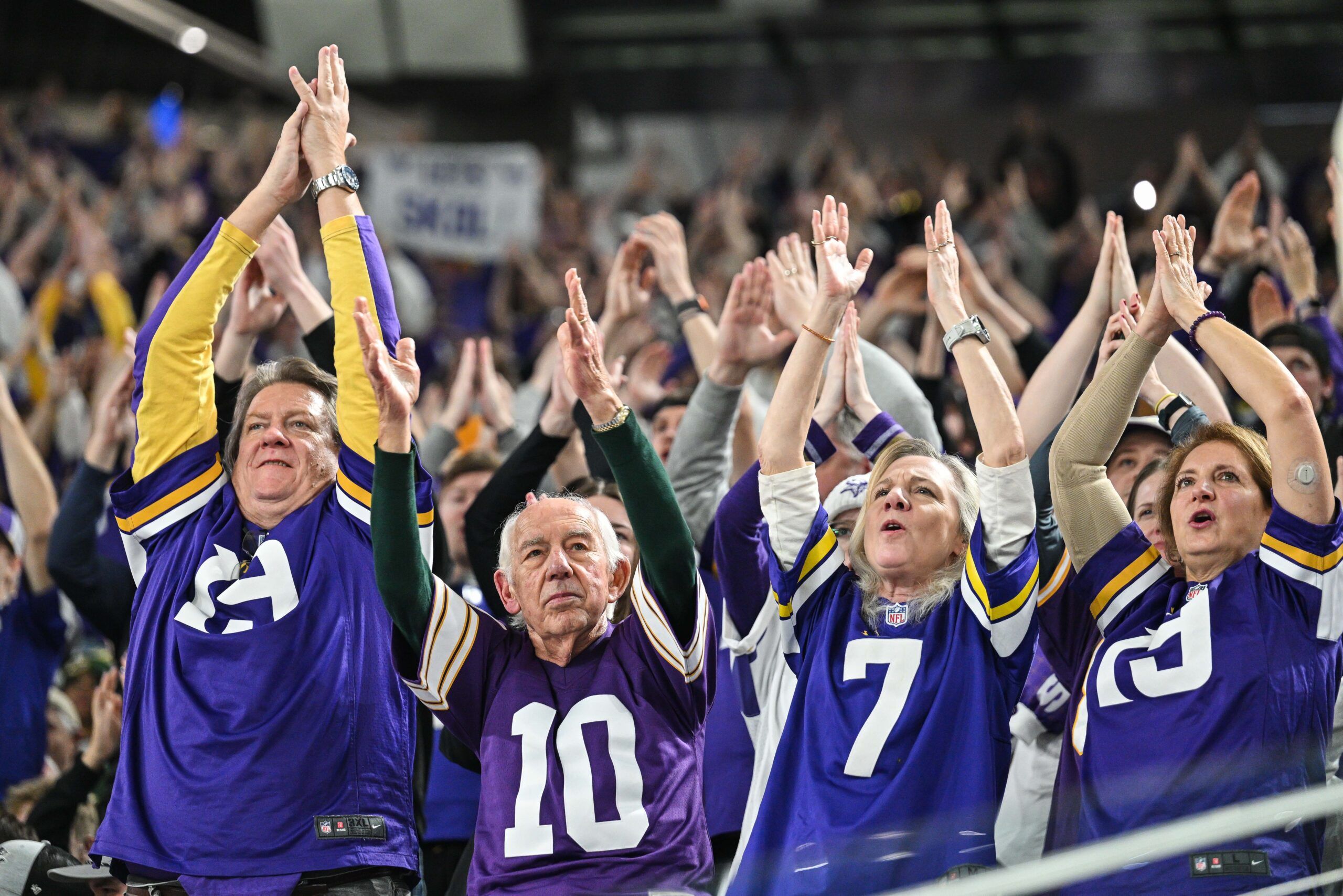 Vikings fans Skol chat loudly during a late-season home game against the Packers at U.S. Bank Stadium.