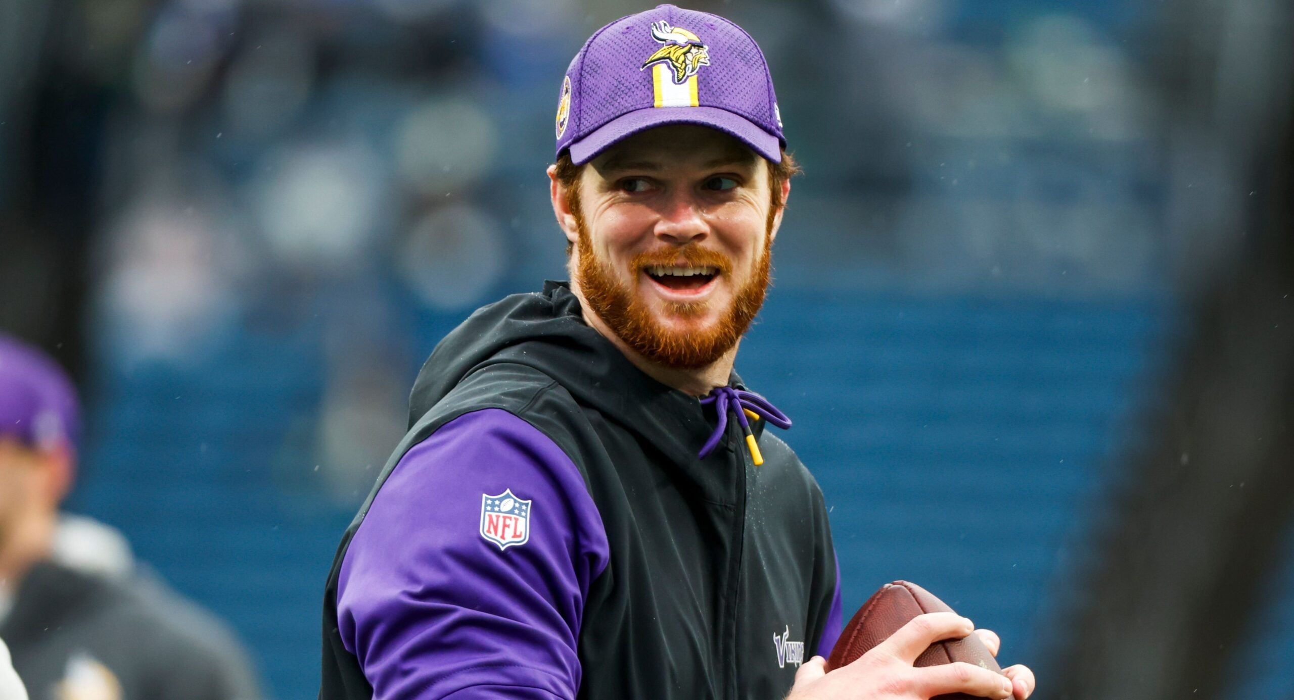 Sam Darnold warms up before Vikings vs. Seahawks game at Lumen Field.