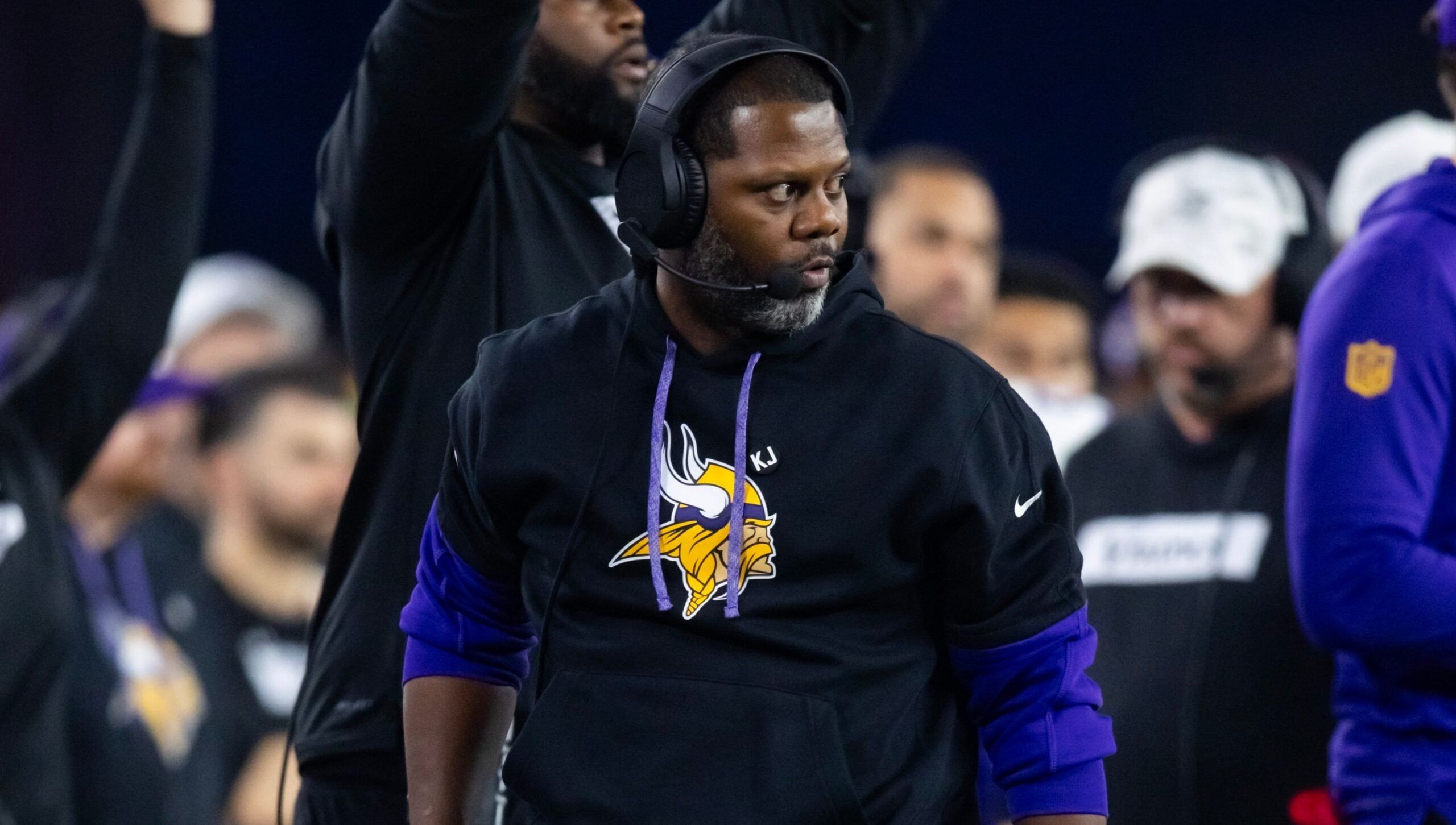Minnesota Vikings defensive backs coach Daronte Jones stands on the sideline during an NFC wild card game against the Los Angeles Rams at State Farm Stadium.