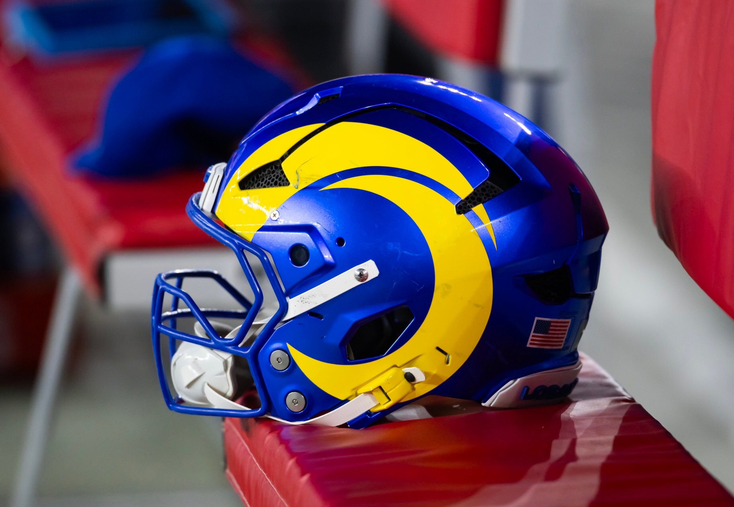 Close-up of a Los Angeles Rams helmet during an NFC Wild Card game.