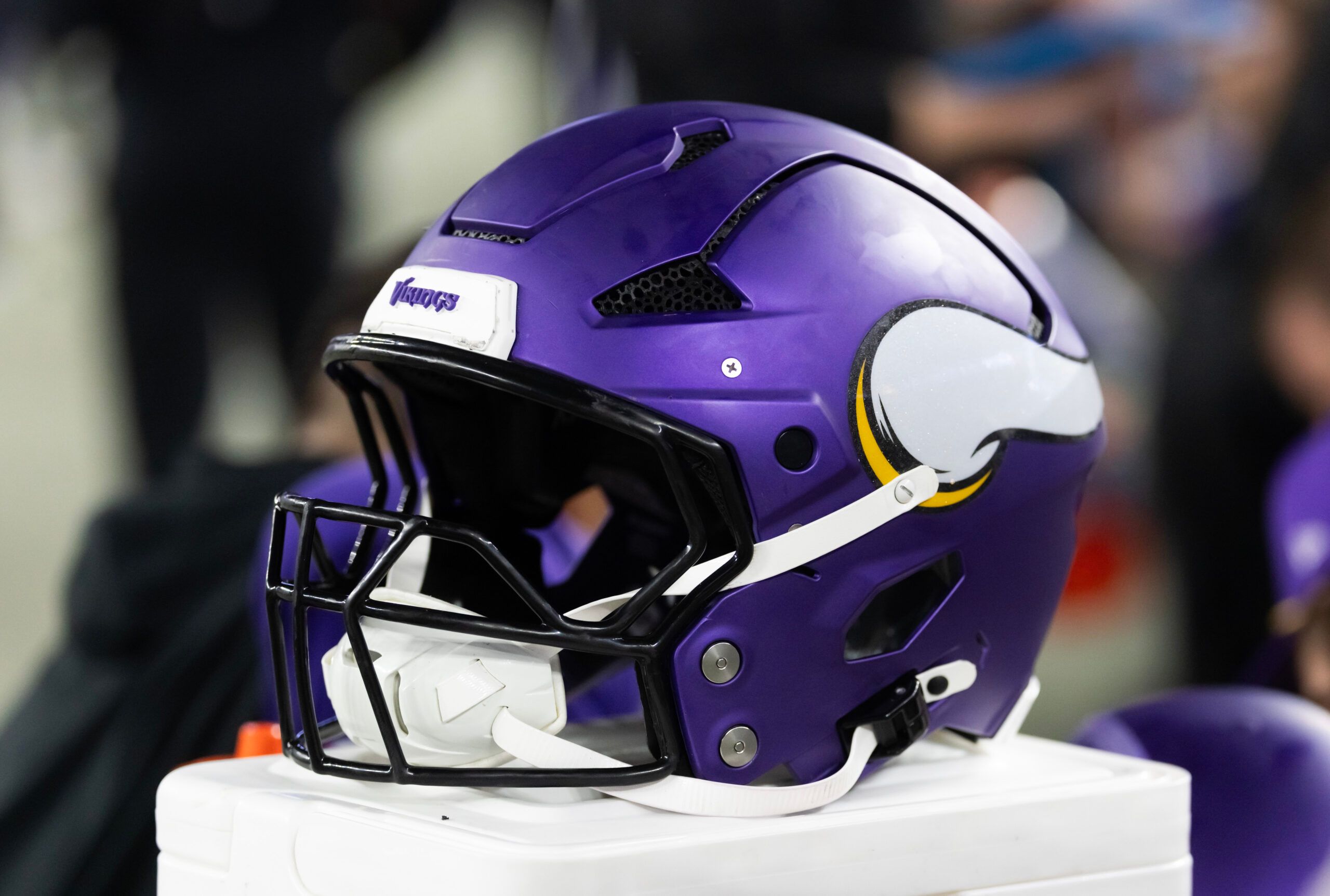 Close-up of a Minnesota Vikings helmet during the 2025 NFC wild card game.