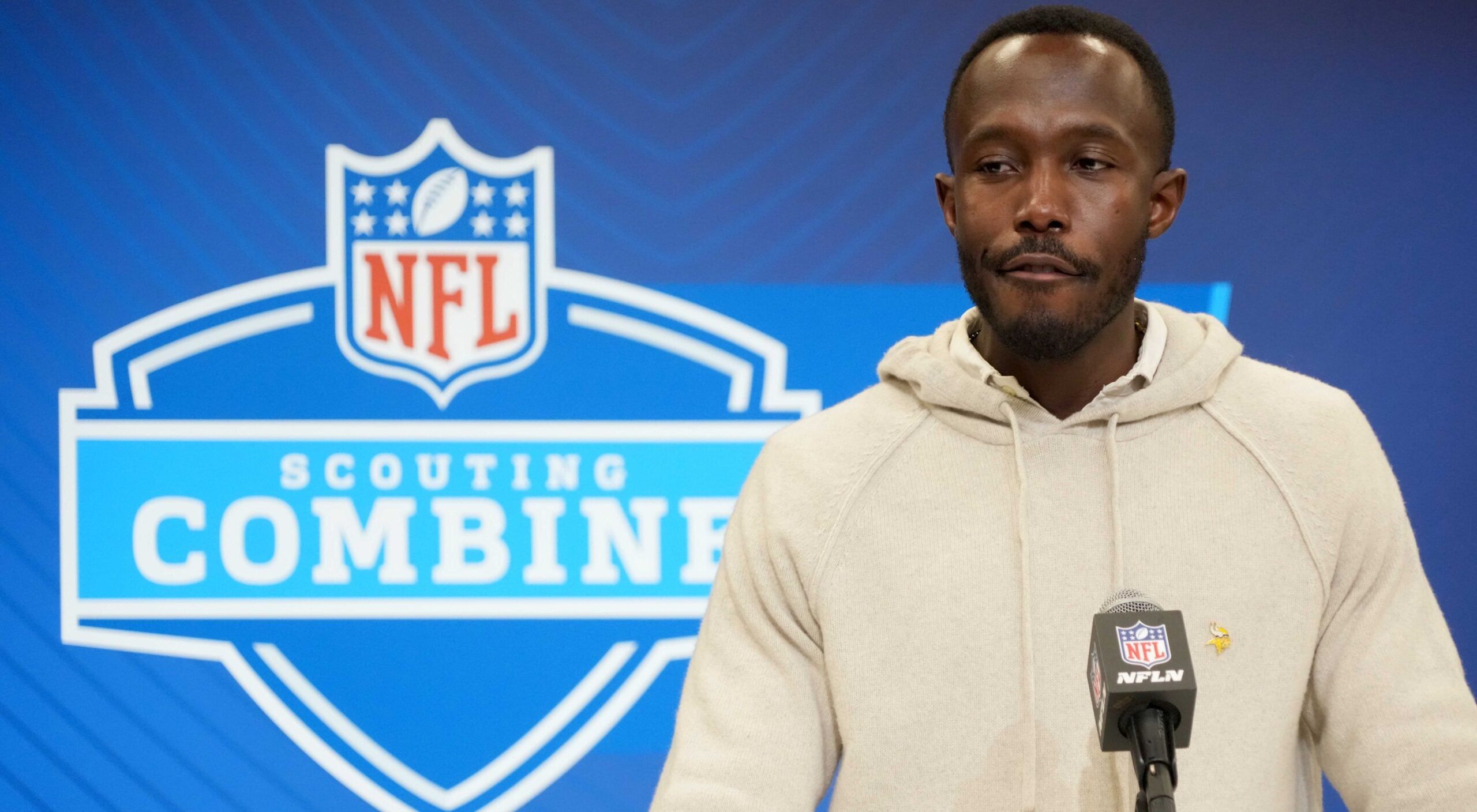 Vikings general manager Kwesi Adofo-Mensah speaks at the NFL Scouting Combine in Indianapolis.
