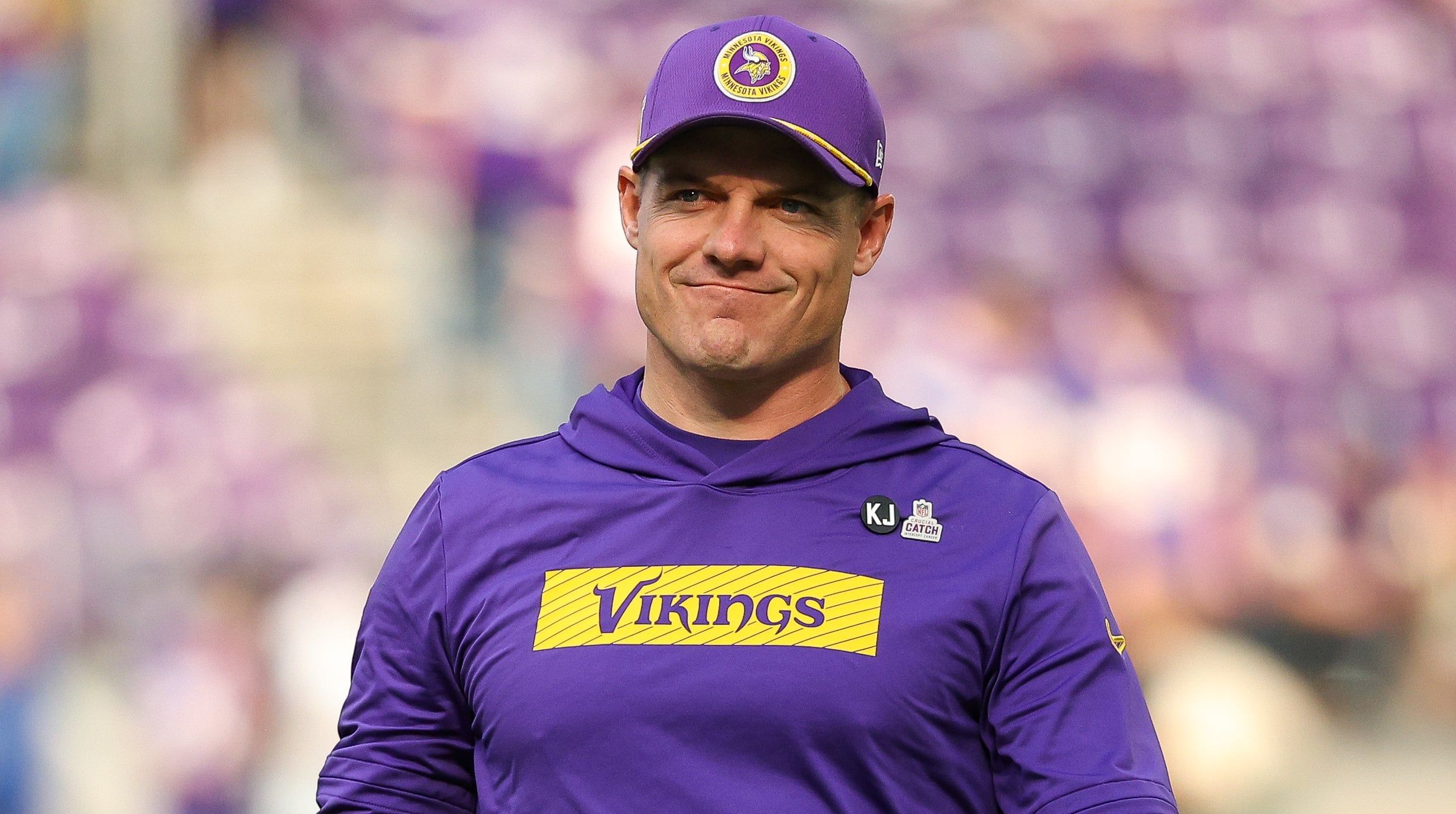 Vikings head coach Kevin O’Connell looks on before a game at U.S. Bank Stadium.