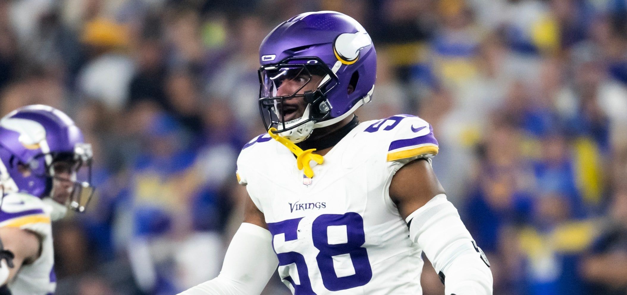 Jonathan Greenard plays linebacker for the Vikings during a Wild Card playoff game against the Rams.