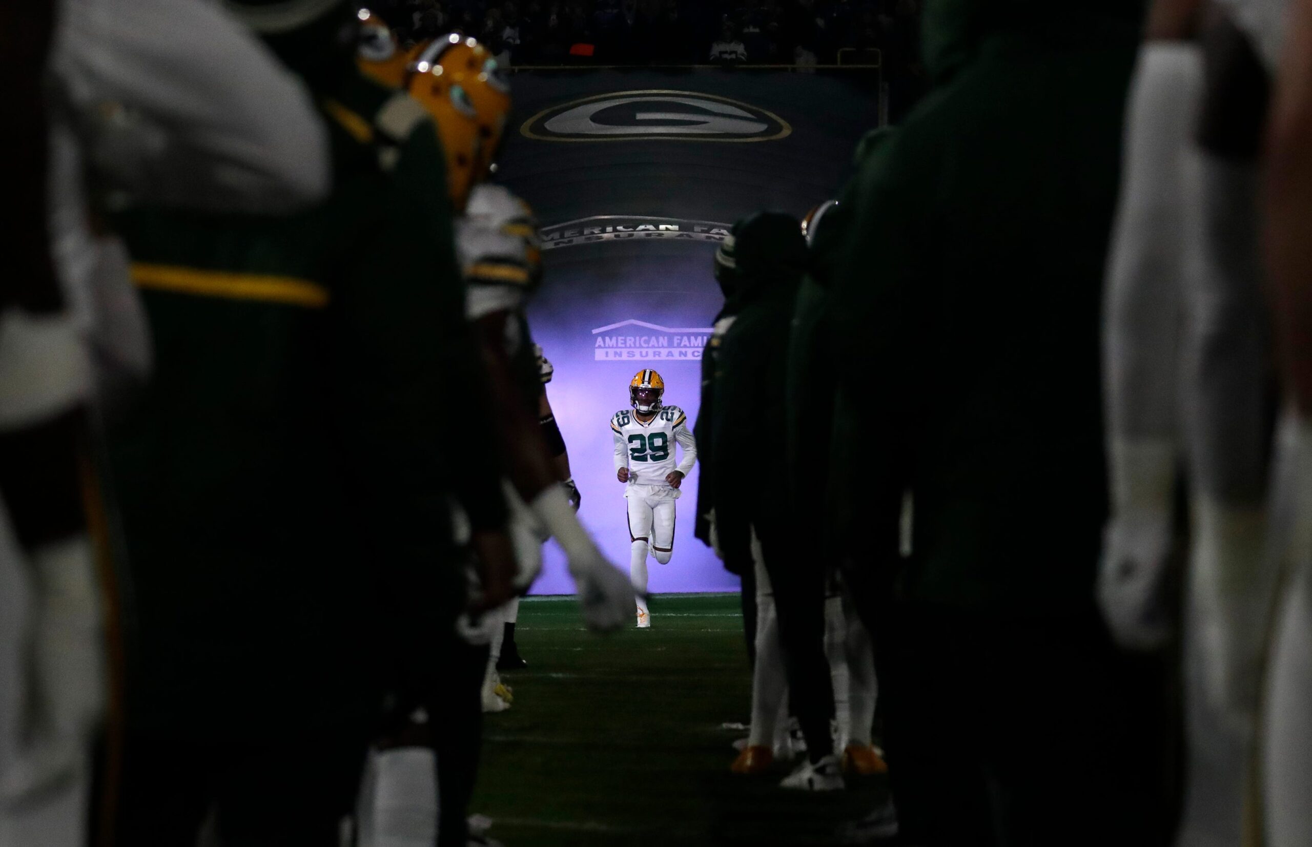 Rasul Douglas enters the field before a game against the Tennessee Titans at Lambeau Field.