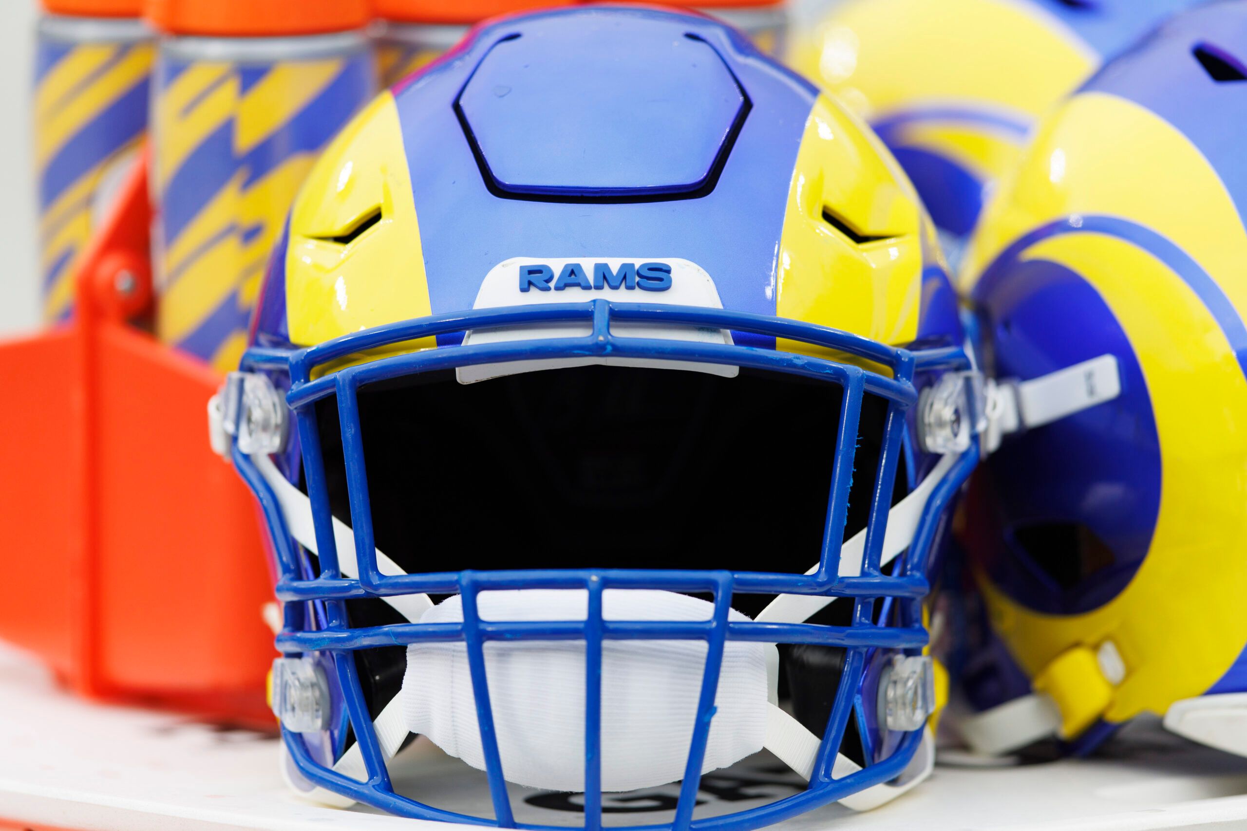 Close-up of a Los Angeles Rams helmet on the sideline before the game against the Packers at Lambeau Field.