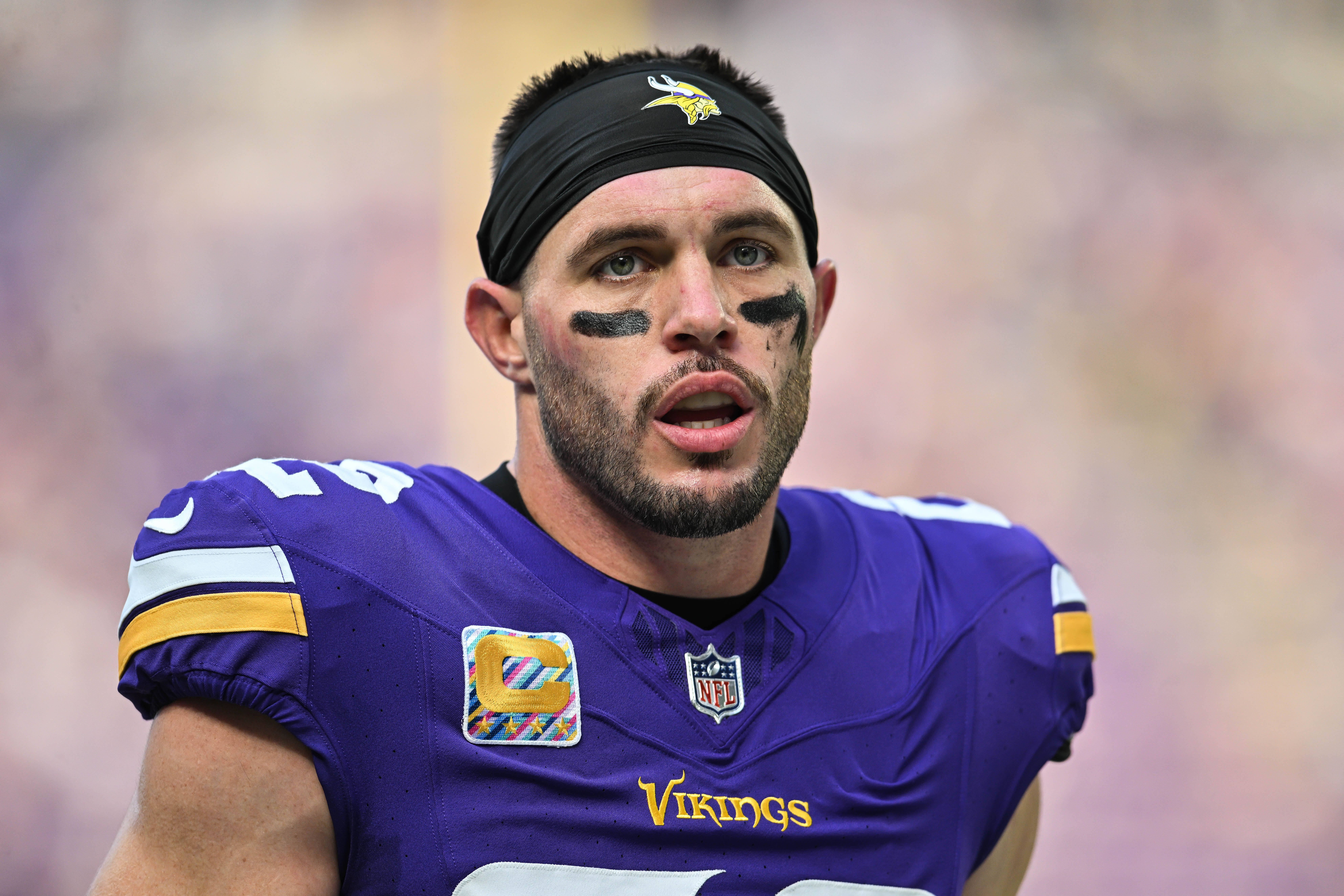 Harrison Smith looks on before the Vikings’ game against the Lions at U.S. Bank Stadium.