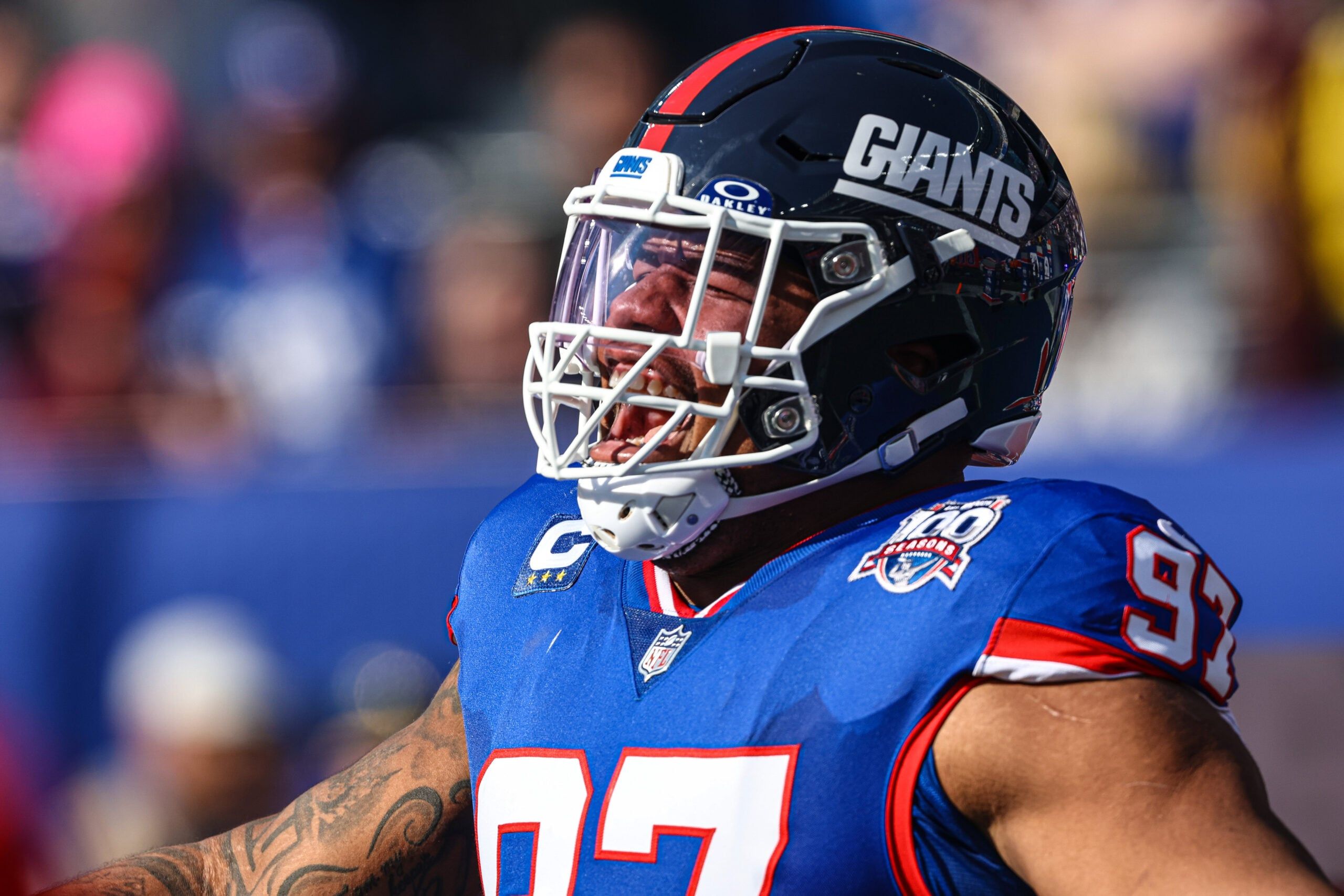 Dexter Lawrence II reacts during pregame introductions at MetLife Stadium before a game against the Washington Commanders.