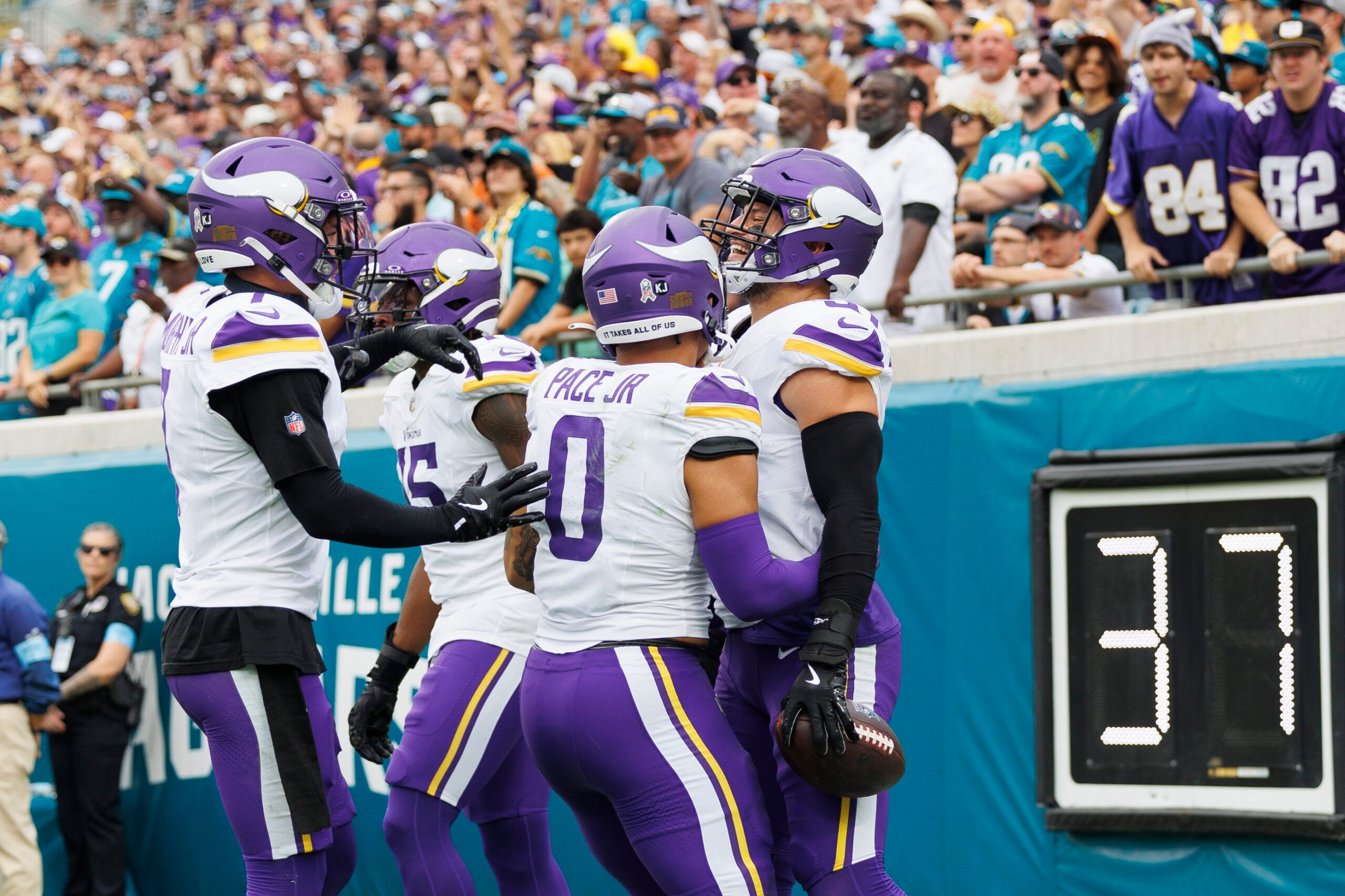 Vikings defenders celebrate a fumble recovery during the game against the Jaguars at EverBank Stadium.