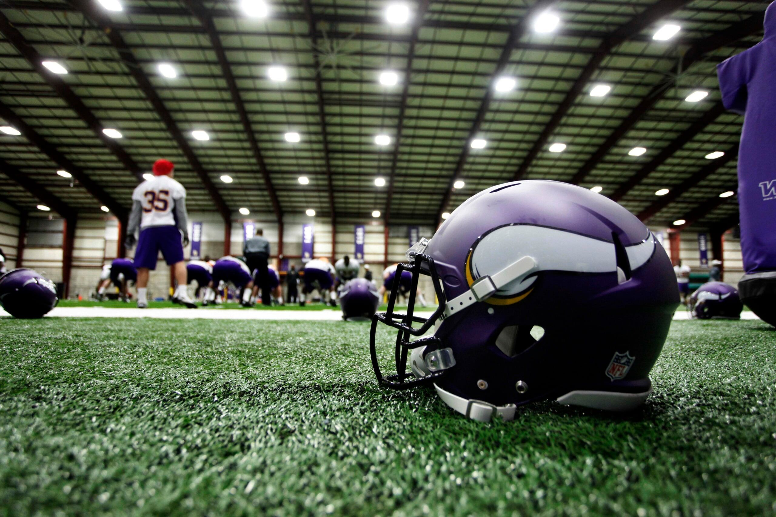 Minnesota Vikings helmet on sideline during rookie minicamp at Winter Park.