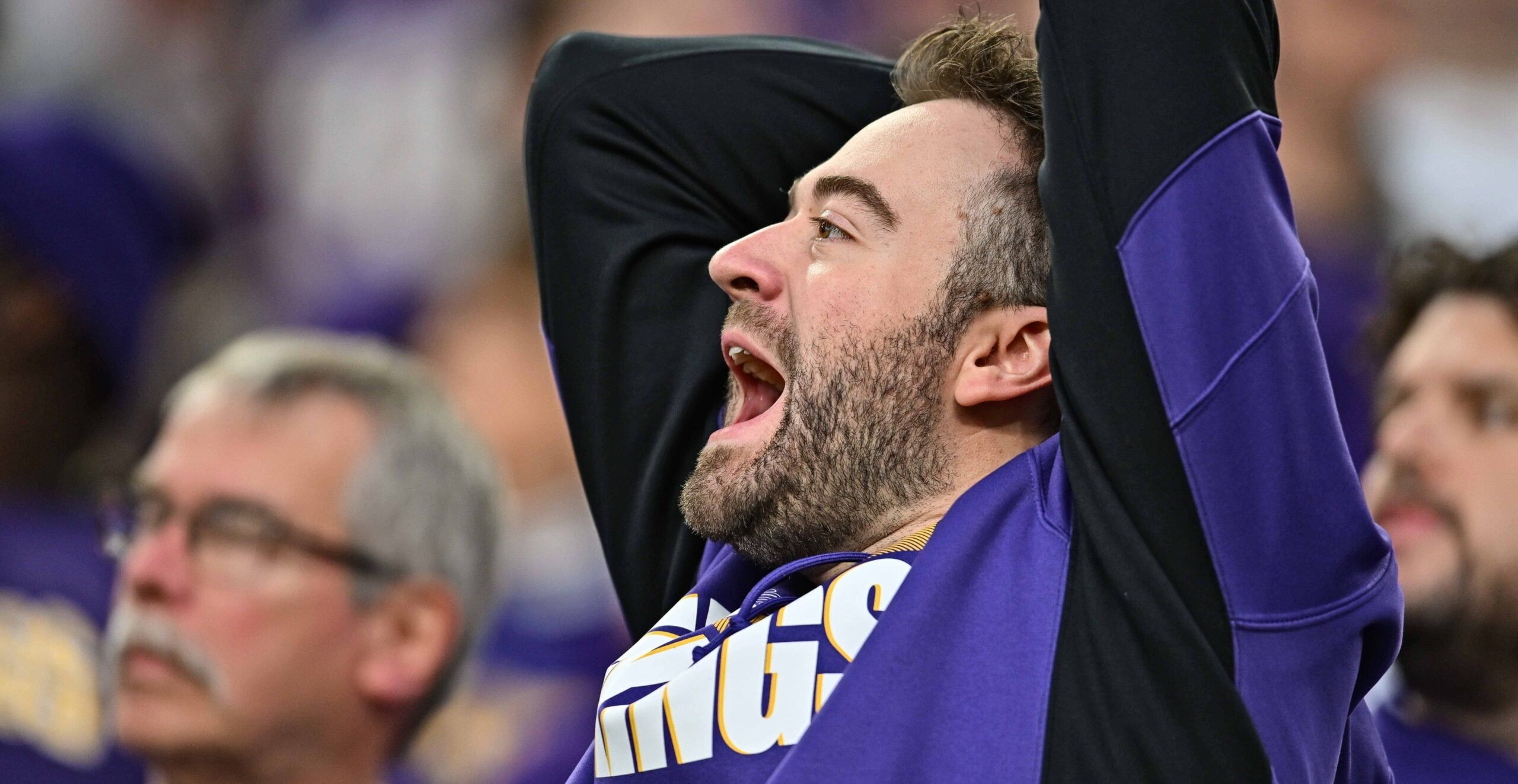 Minnesota Vikings fans react in the stands during a game at U.S. Bank Stadium.