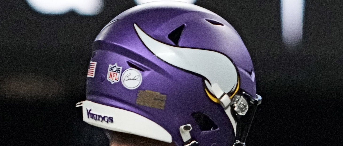 Greg Joseph celebrates with Ryan Wright after kicking a fourth-quarter field goal during Vikings vs. Raiders game at Allegiant Stadium.