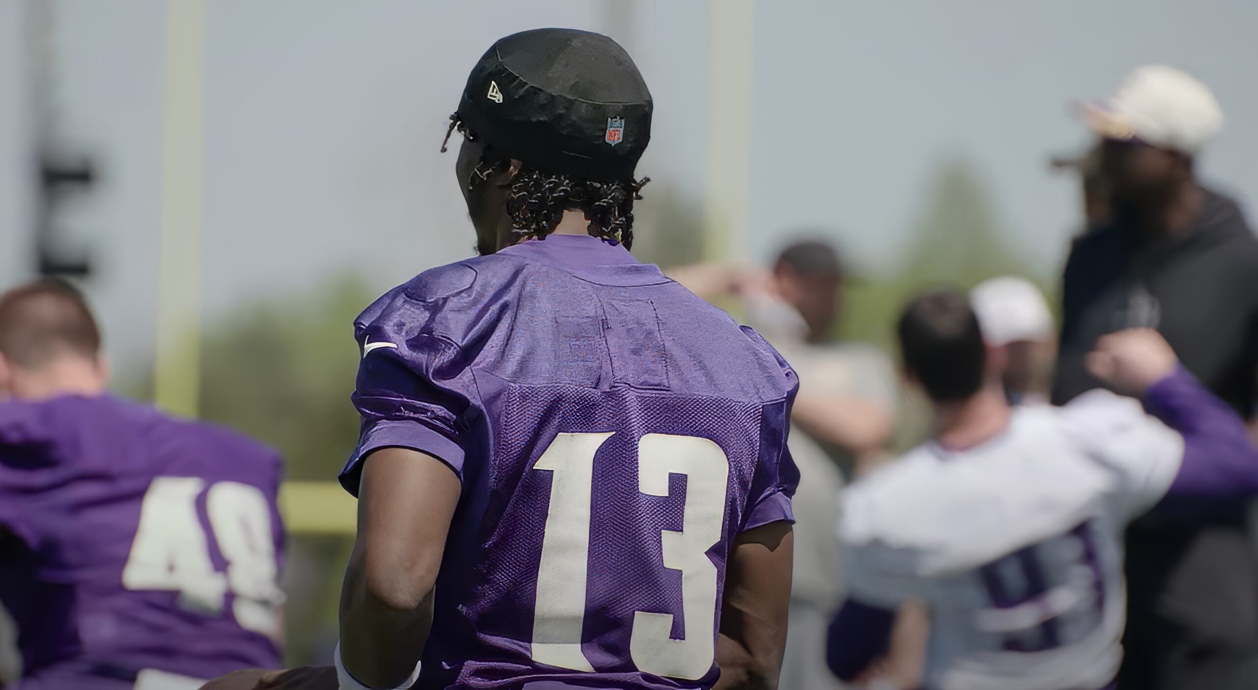 Tai Felton participates in drills during Vikings rookie minicamp in May 2025.