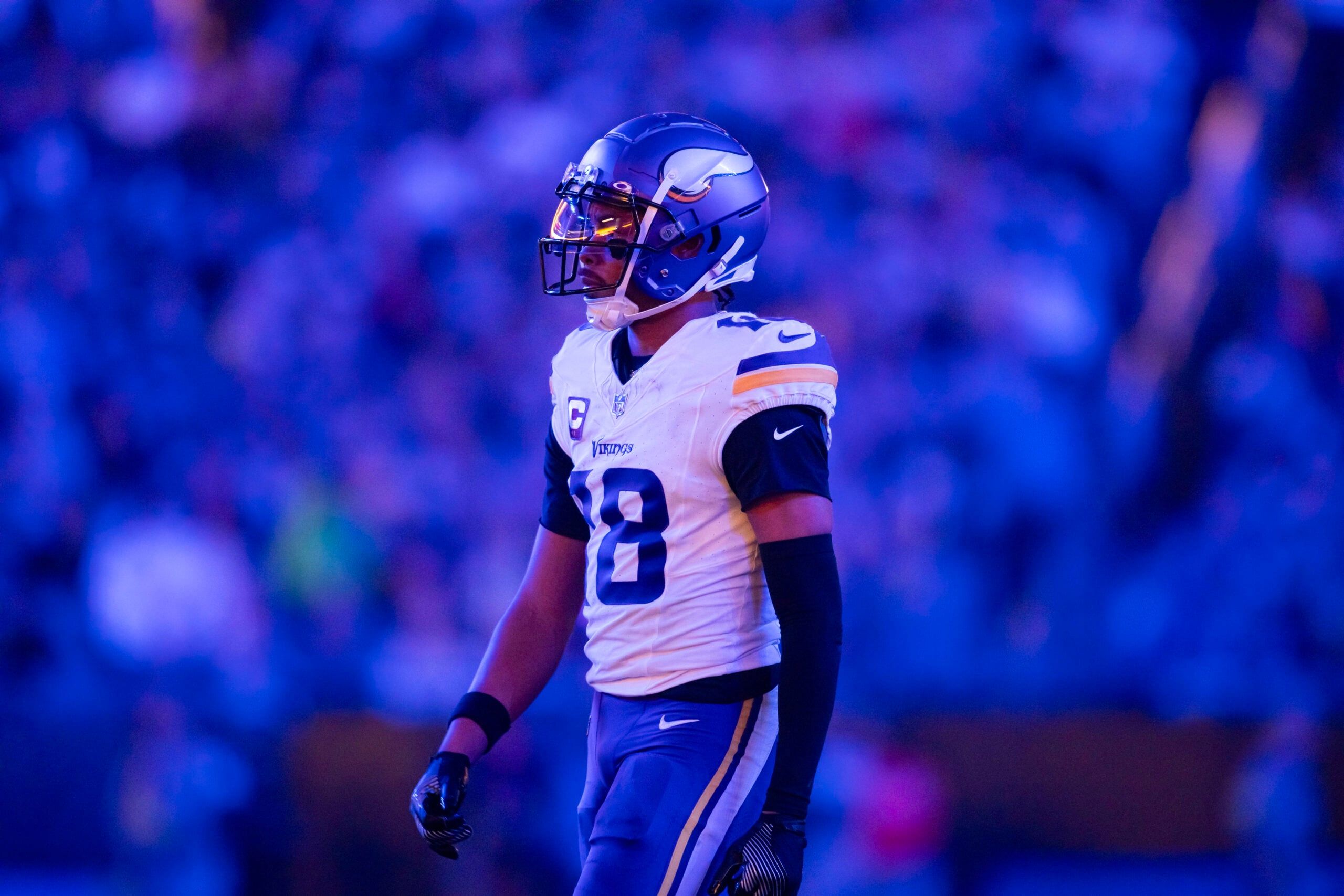 Justin Jefferson lines up during a playoff game against the Rams at State Farm Stadium.