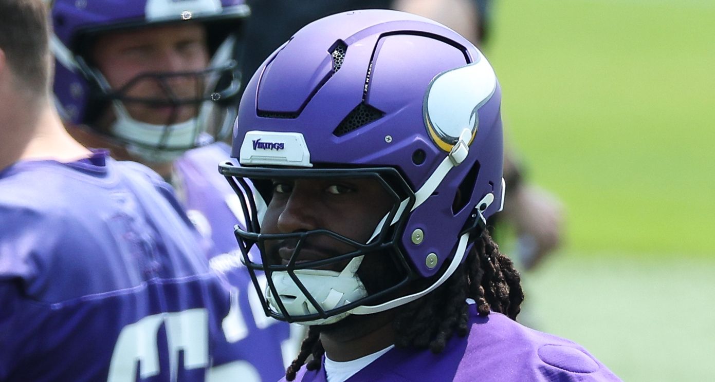 Donovan Jackson practicing at Vikings minicamp in Minneapolis.