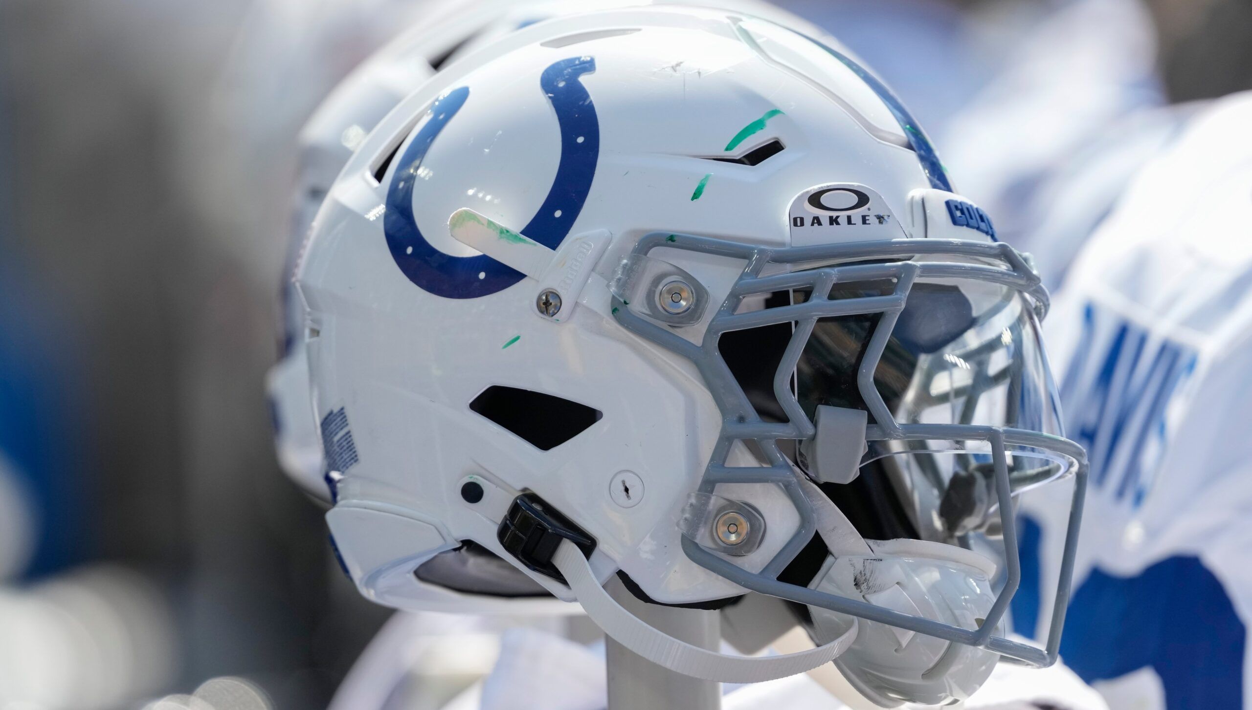 A Colts helmet on display in 2024