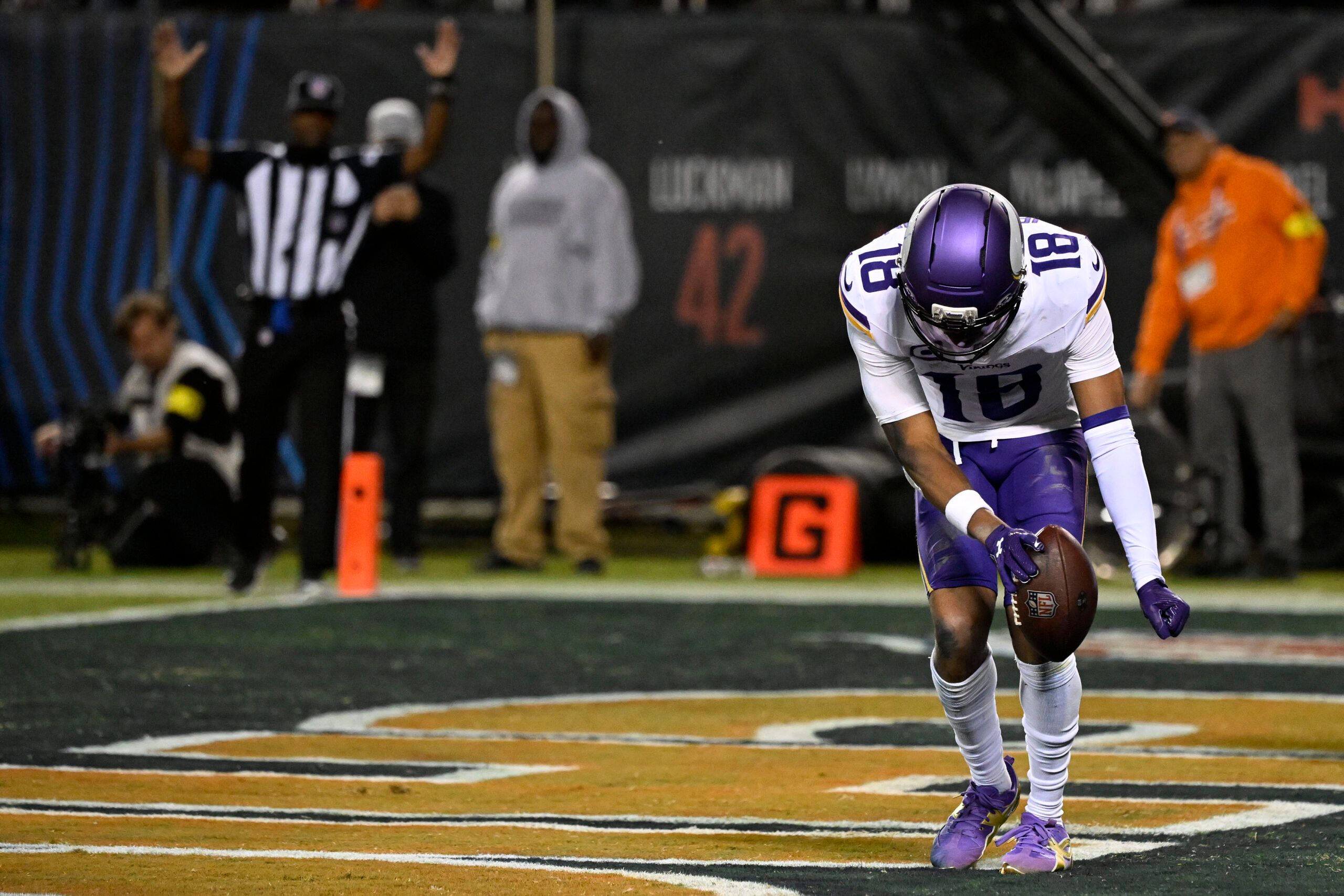 Justin Jefferson reacting after a touchdown against the Bears at Soldier Field.