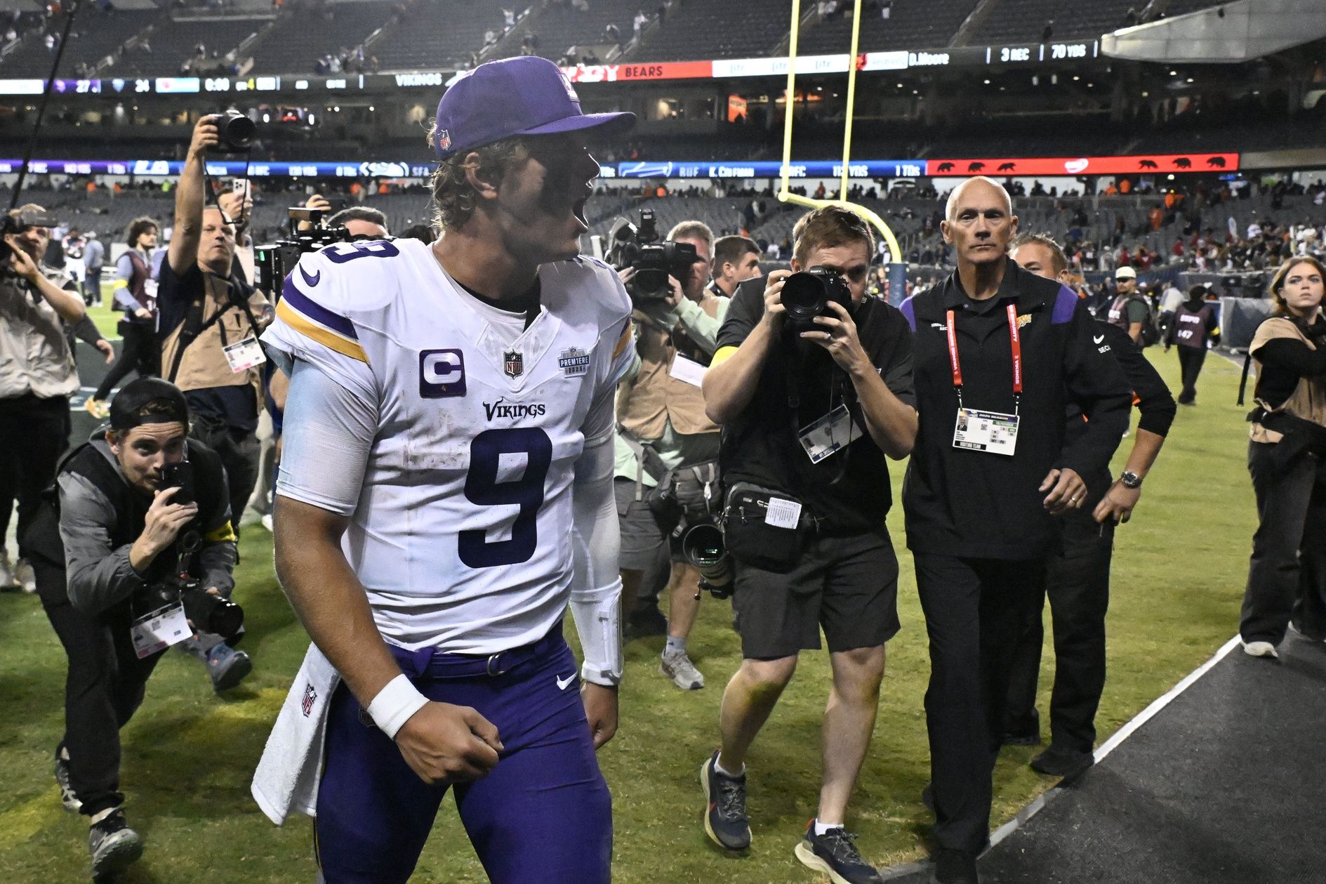 J.J. McCarthy reacts after a road win over the Bears at Soldier Field.