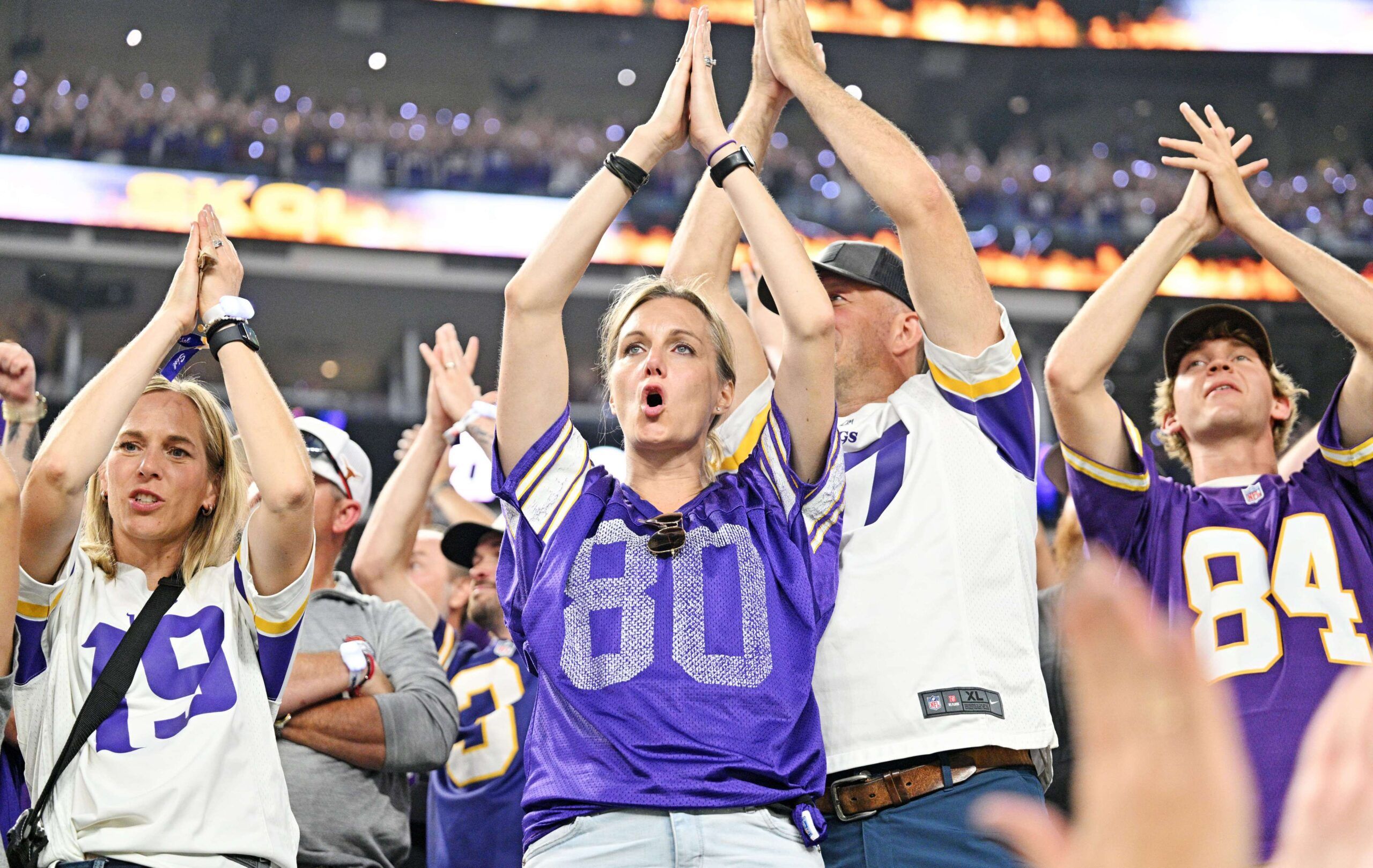 Fans watch the Vikings face the Falcons at U.S. Bank Stadium.
