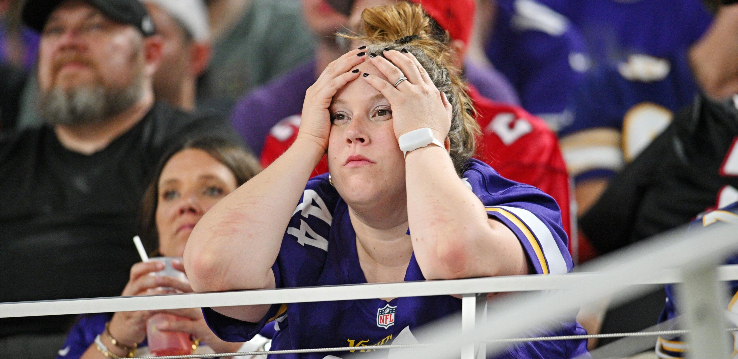 A distraught Vikings fan in 2025 against the Falcons