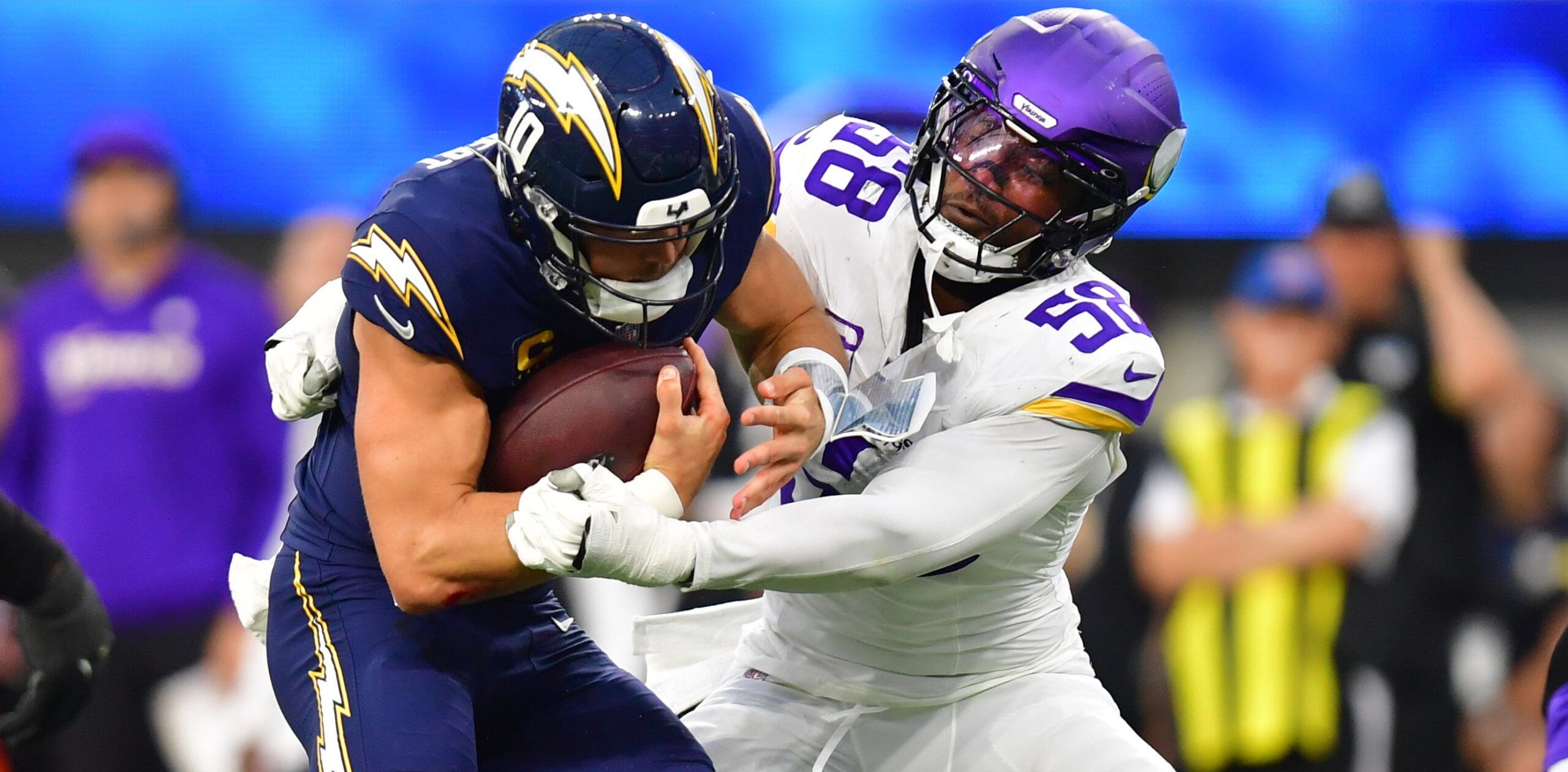Vikings OLB Jonathan Greenard sacks Justin Herbert in Week 8 of 2025