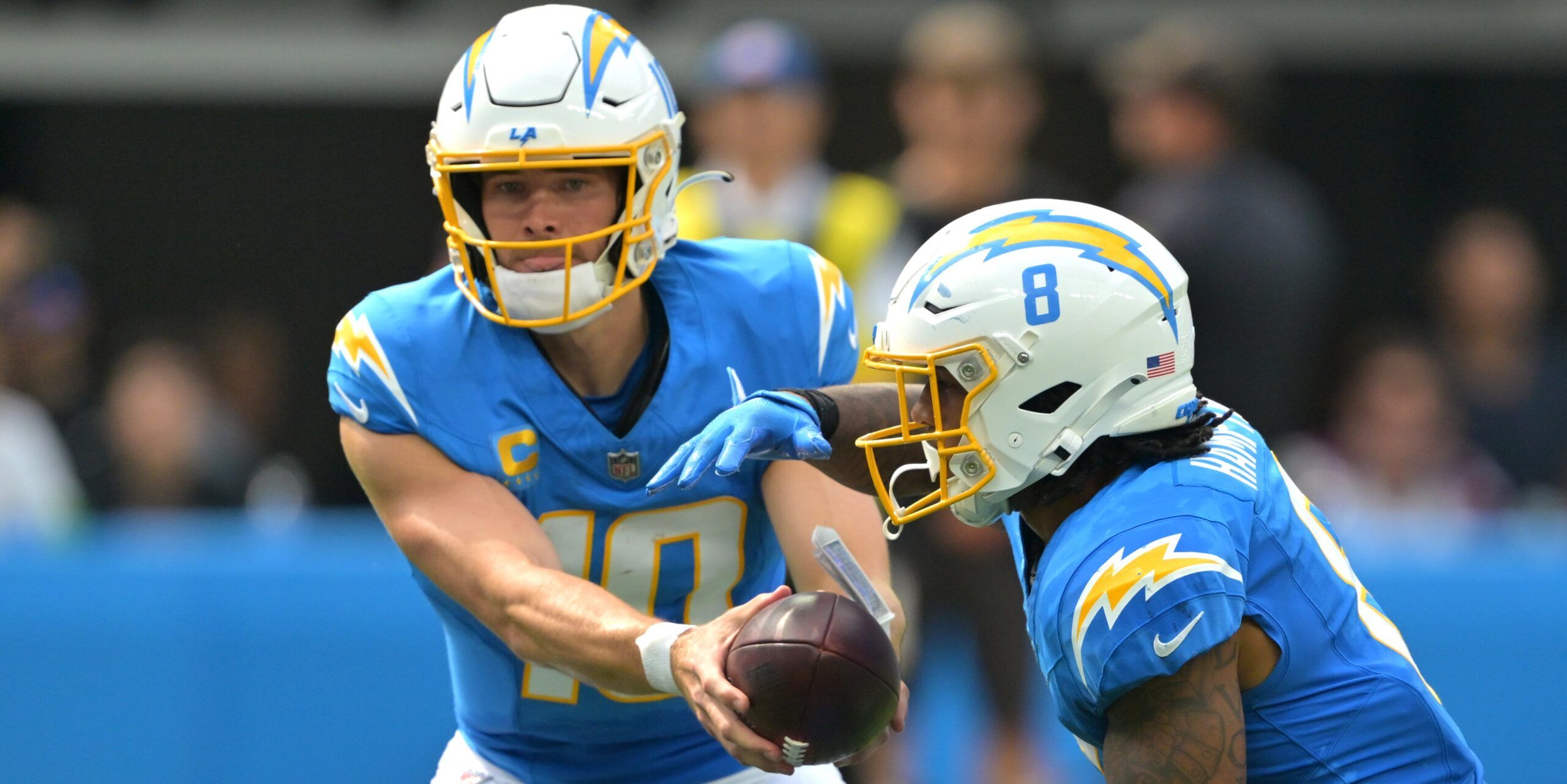 Chargers QB and RB Justin Herbert and Omarion Hampton in 2025
