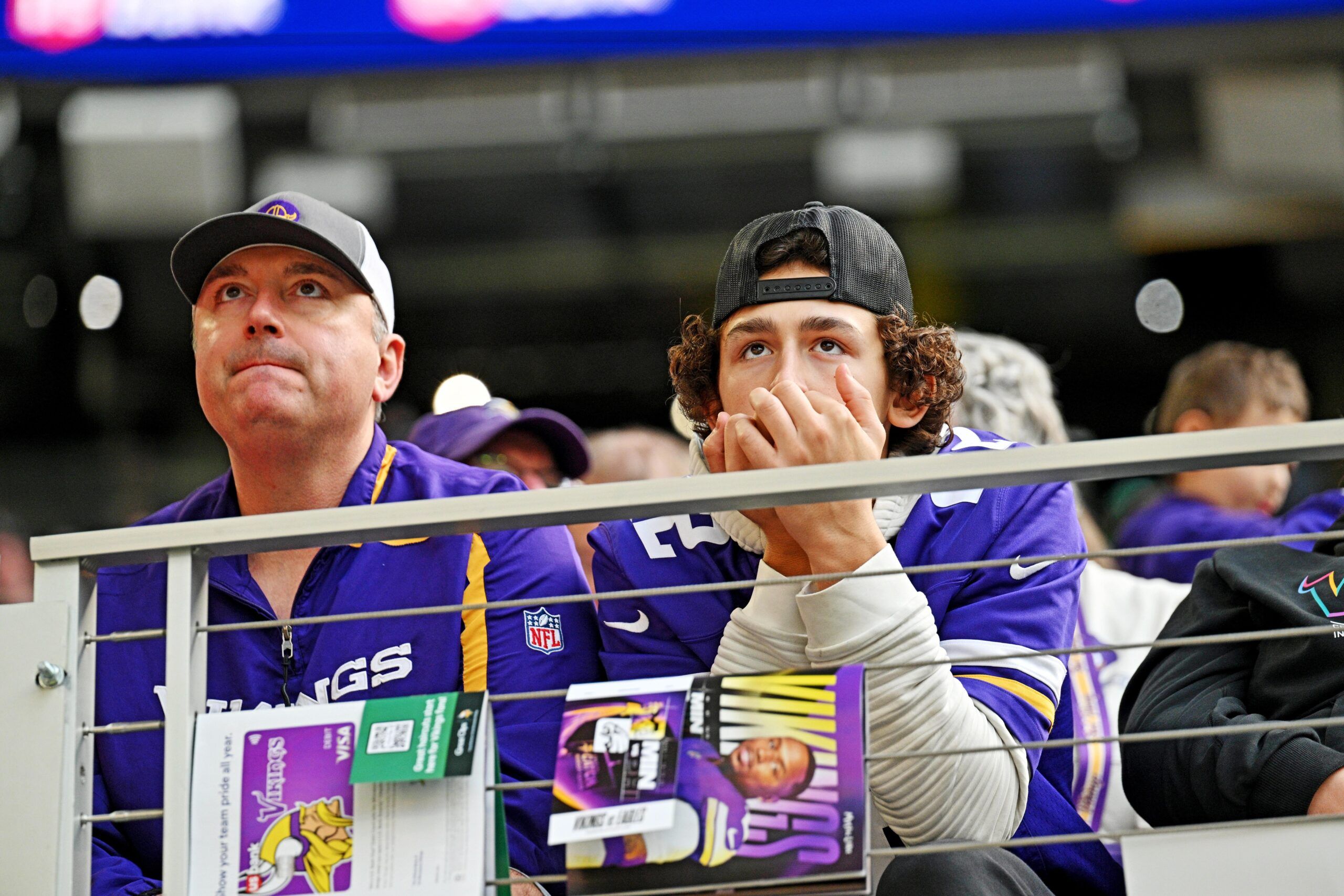 Minnesota Vikings fans watch the first half against the Philadelphia Eagles at U.S. Bank Stadium.