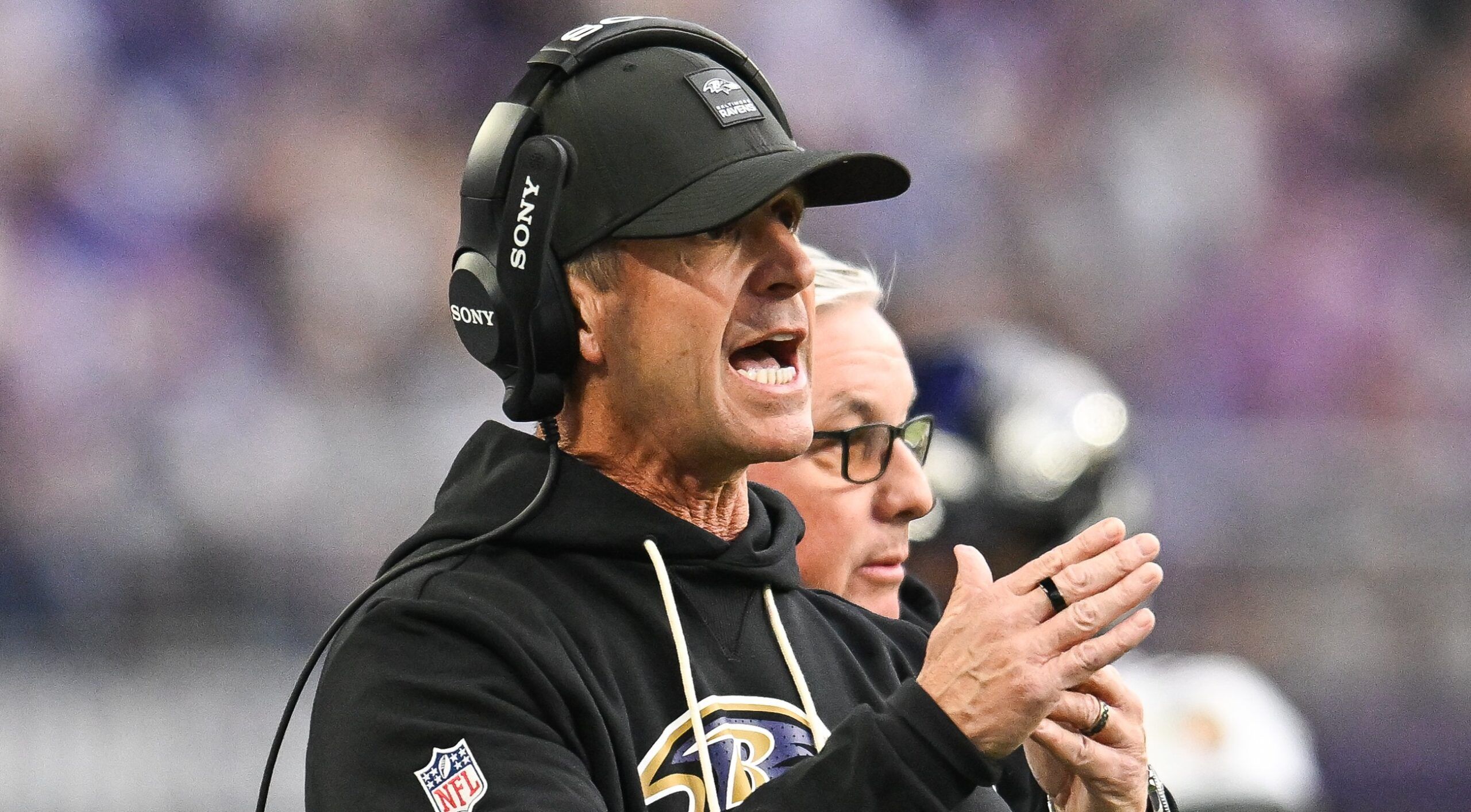 Ravens head coach John Harbaugh against the Vikings in 2025