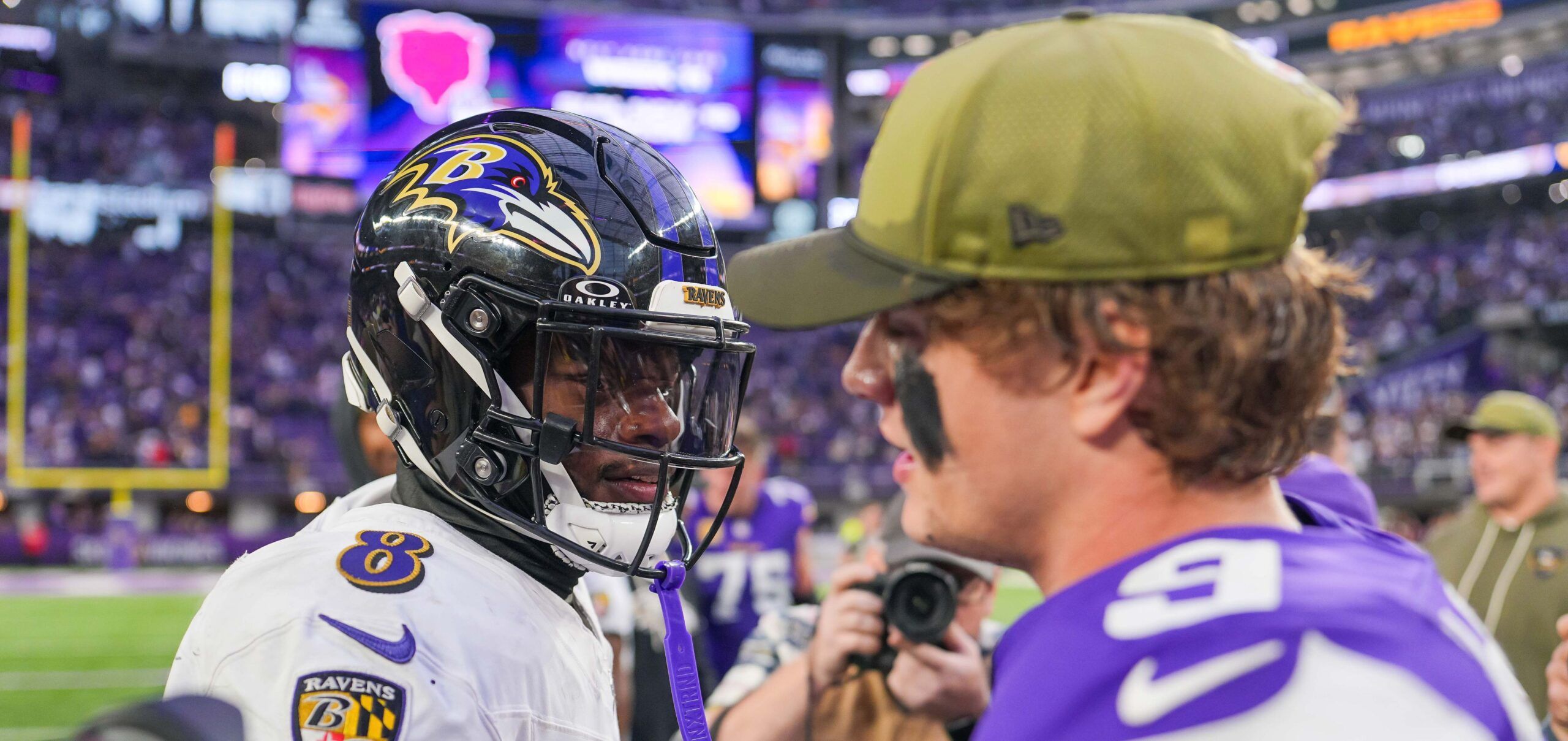 Lamar Jackson and J.J. McCarthy in Week 10 of 2025 at the Vikings stadium.
